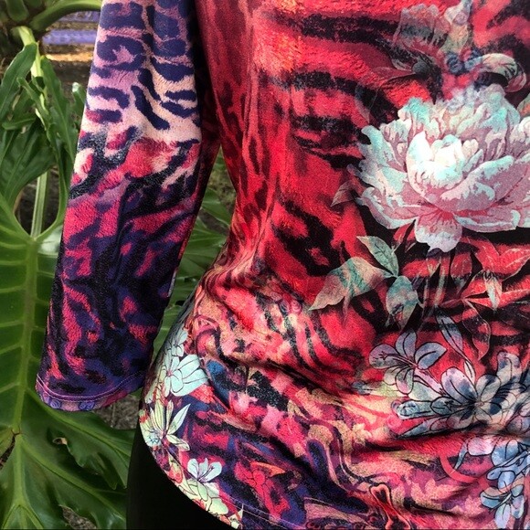 Vintage Top Animal Print Tiger Print Floral 3/4 Sleeve Fitted Women’s Size M