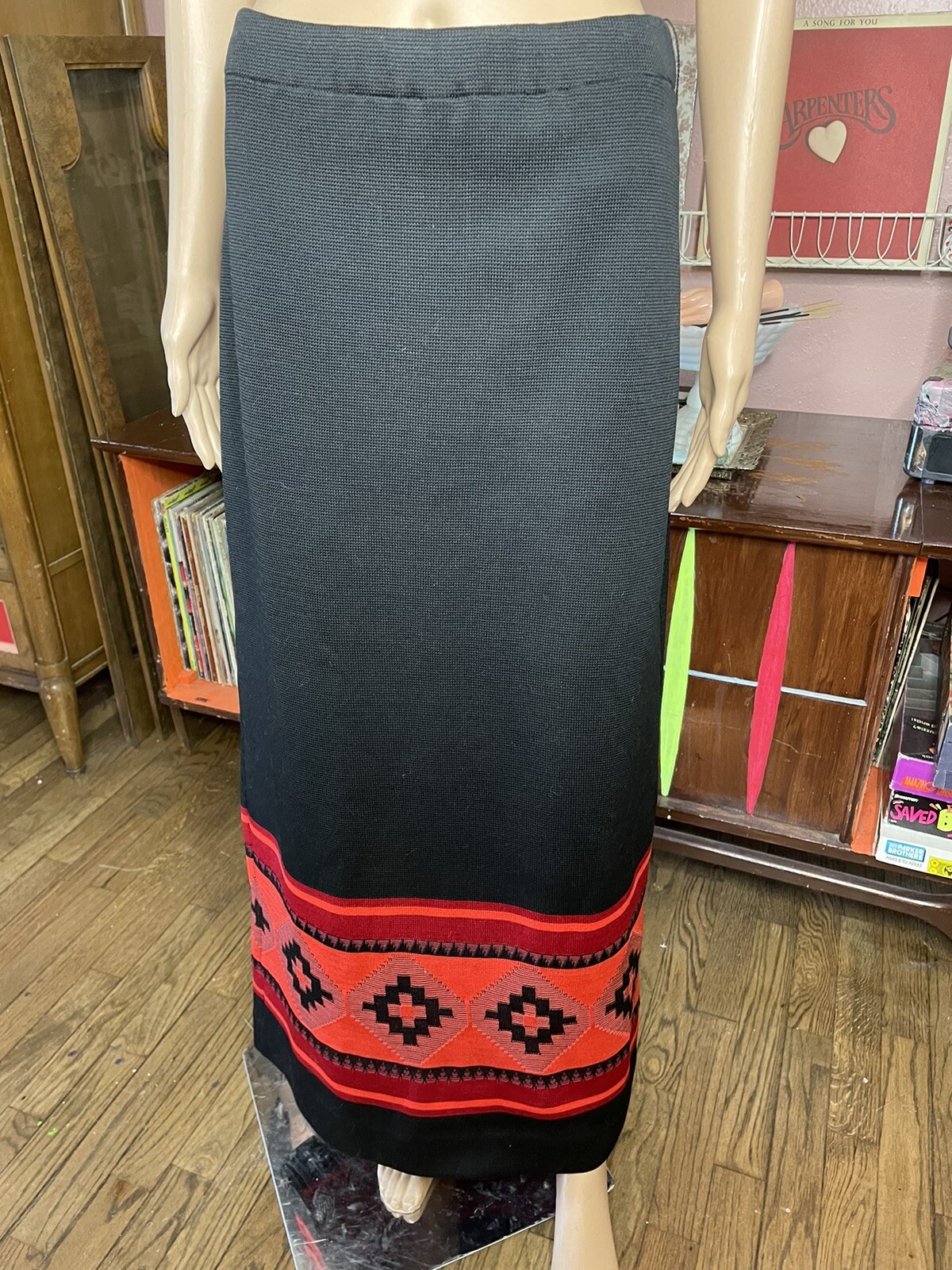 1960s Dalton Trevira Black Maxi Skirt With Red Geometric Design