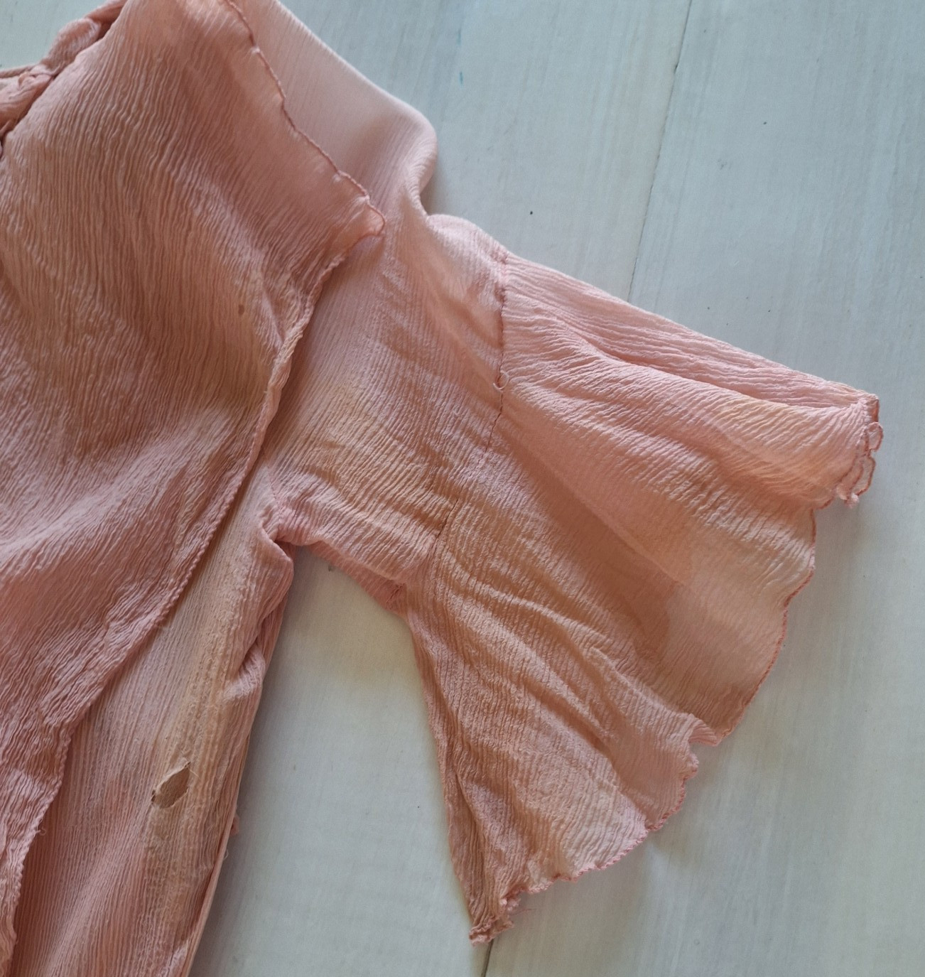 Antique 1930s Peach Chiffon Dress Rosette Trim Flutter Sleeve AS IS Art Deco