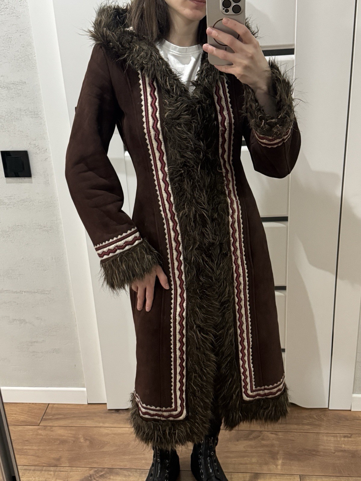 VINTAGE BOHO PENNY LANE AFGHAN STYLE FAUX FUR EMBROIDERED COAT FROM TOP SHOP 8 S