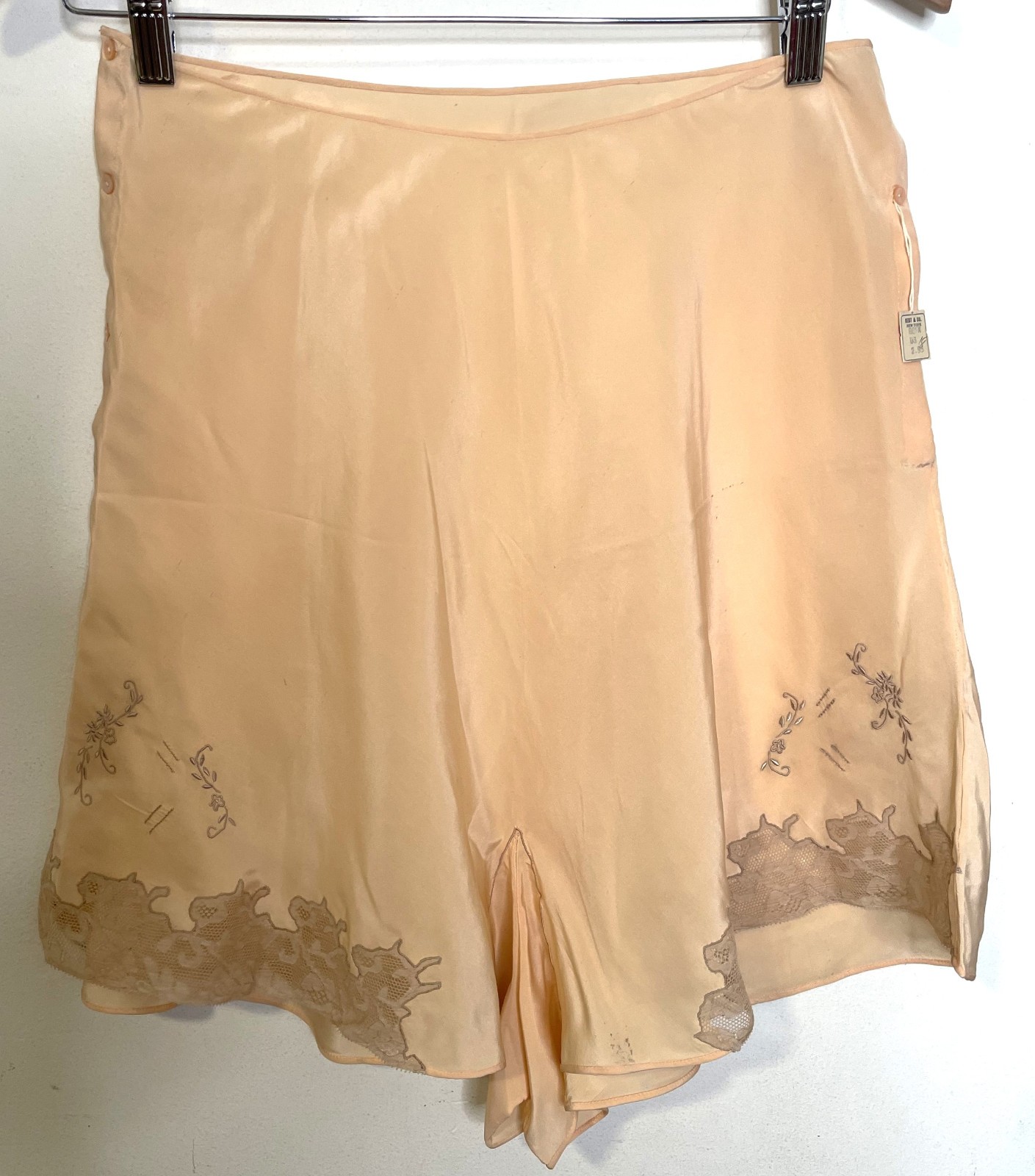 Antique 20s Pink Peach Silk Panties S M NOS Button Side Tap Pants Lace Embr