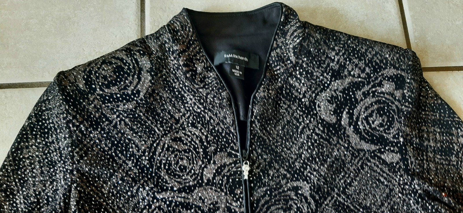Rare Vintage R&M Richards Velvet Jacket Black Floral Glitter Made in USA Size 12