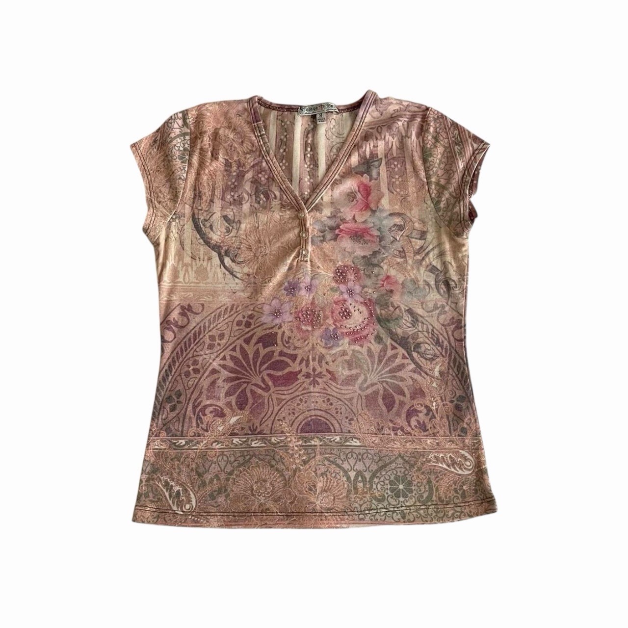 Vintage Suzie Embellished Graphic Floral Print Shirt Pink Multicolor Size S