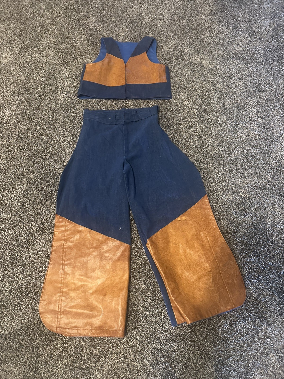 VTG 70s Child’s costume Denim Leather Vest Pants 2 Piece Set 8-10 BlueTan Chaps