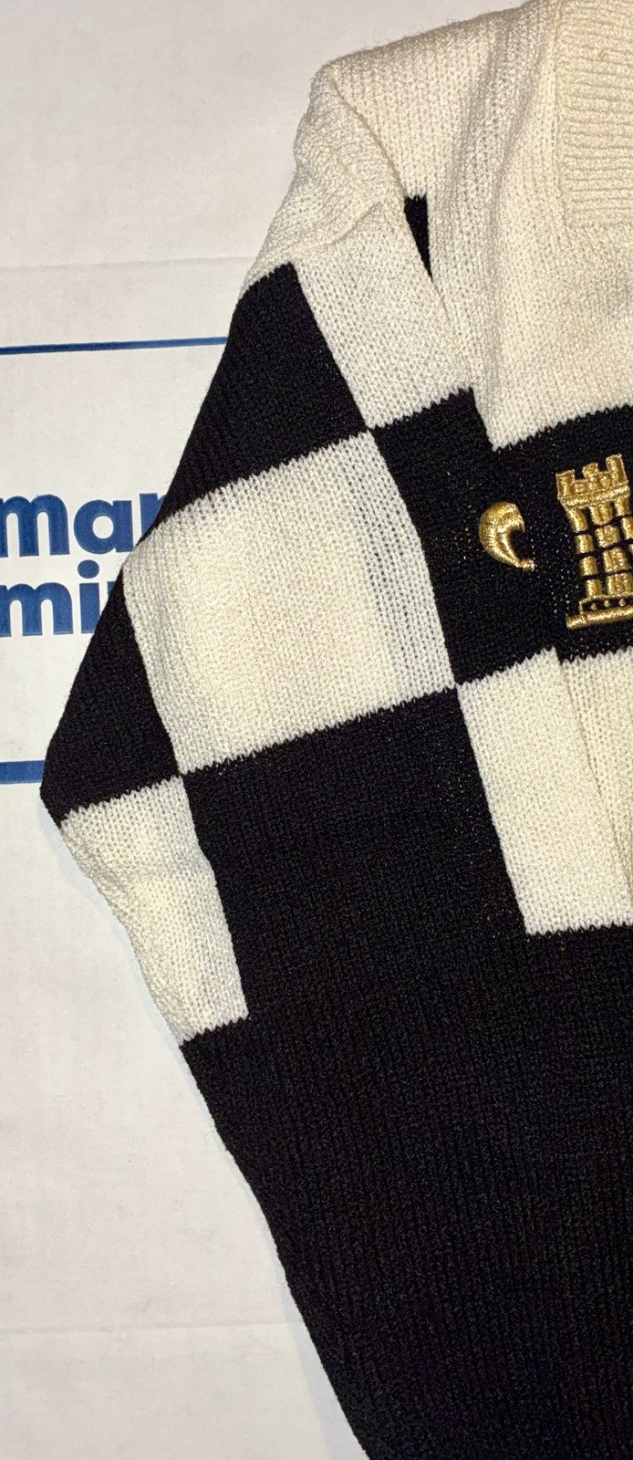 ANN WI VINTAGE 1980S CHESS THEMED BLACK WHITE & GOLD EMBROIDERED WOMENS SWEATER