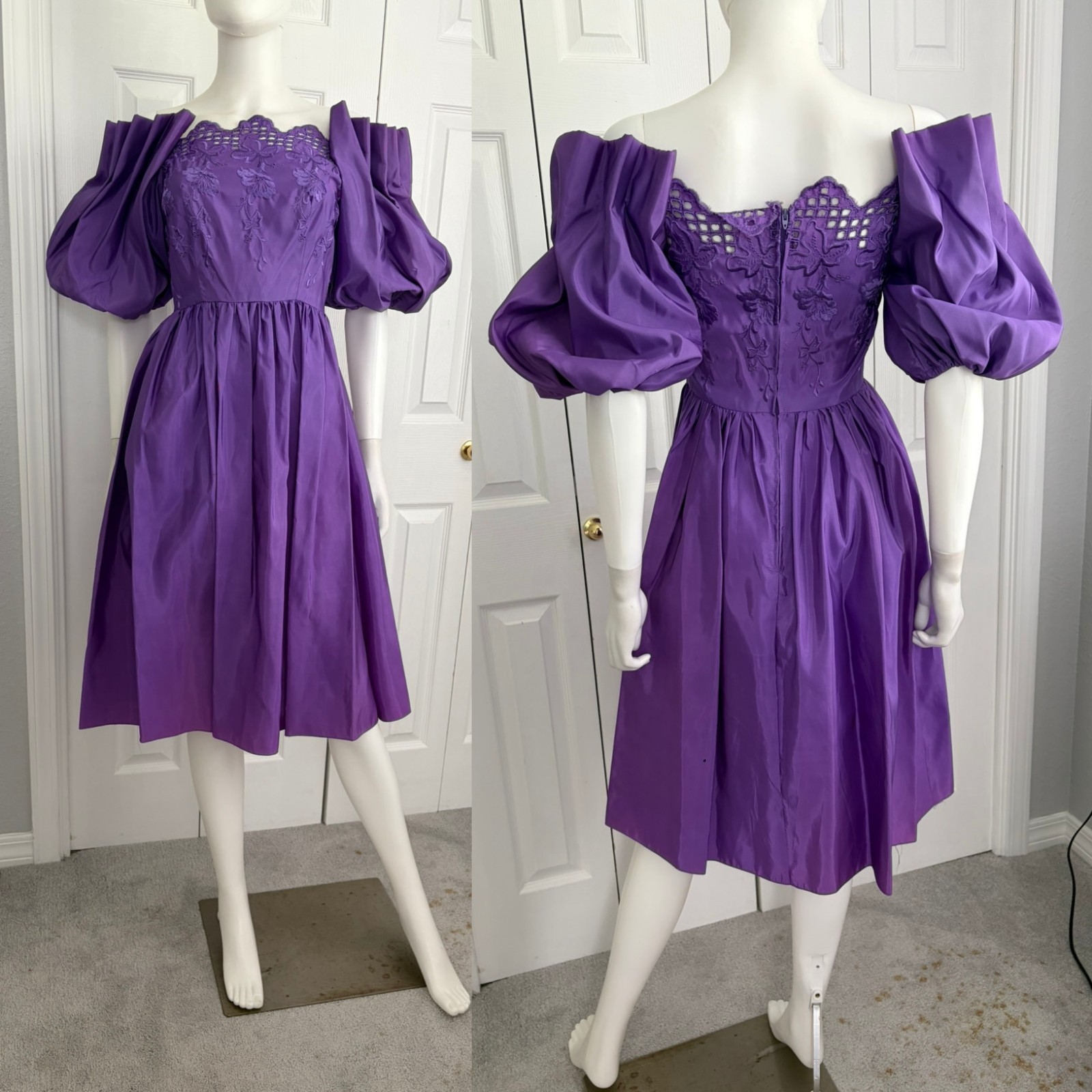 vintage 80s purple off the shoulder bodice midi dress