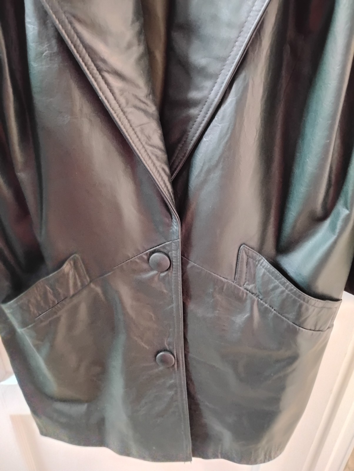 Vintage 80s Harbor Dark Green Leather Jacket Oversized Shawl Collar Coat Medium