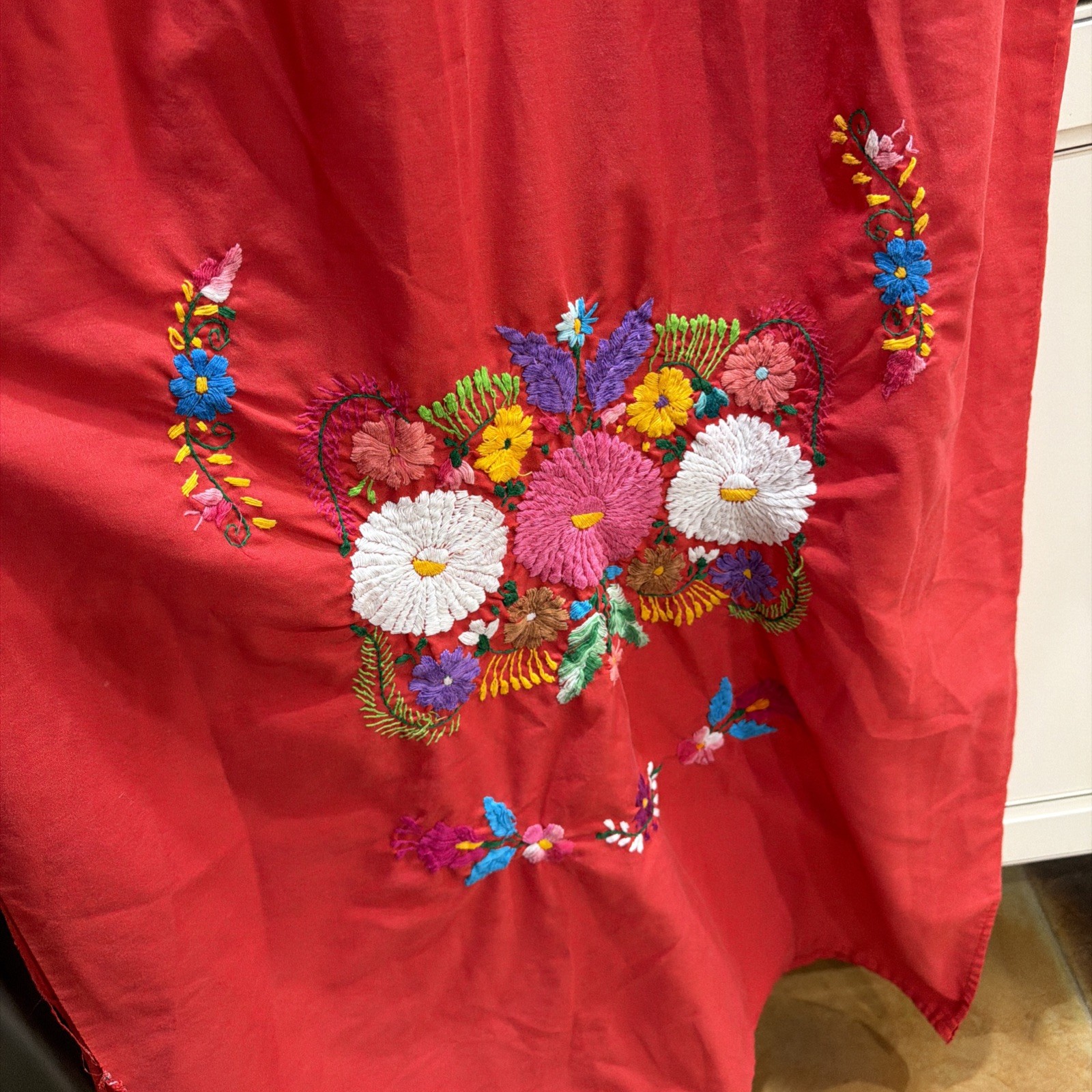 VTG Hand Embroidered Oaxaca Mexican Folk Art Dress Floral Motifs Women Size L