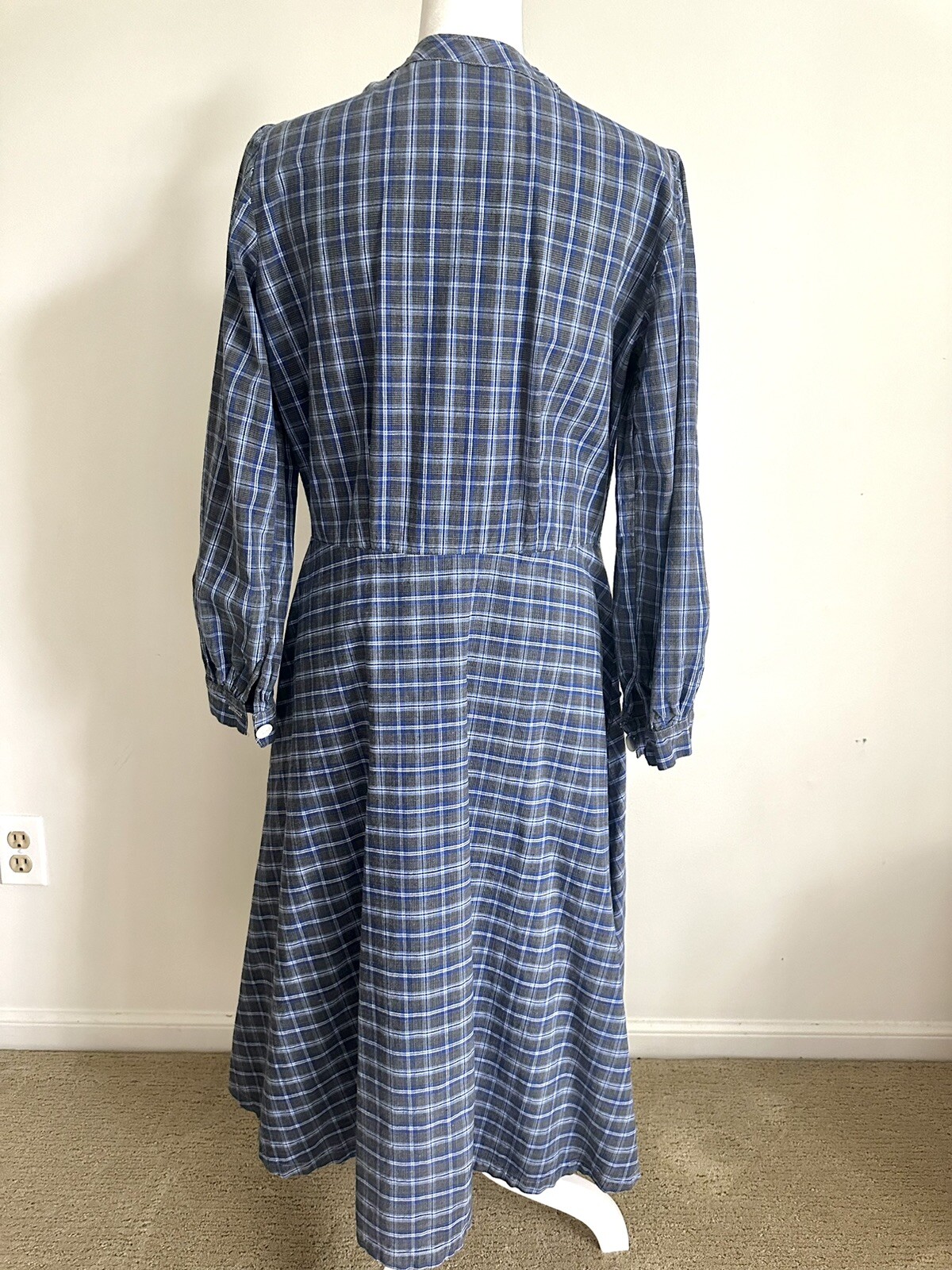 Vintage Handmade Prairie Dress Modest Homespun Blue Plaid Cotton Midi S/M