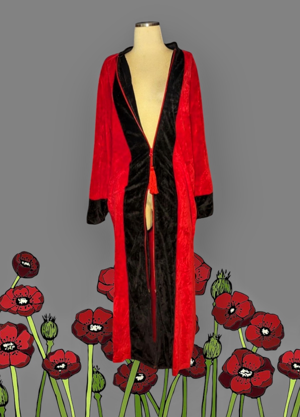 ENCHANTED Red Black LOUNGE Robe House Coat Nightgown 2-WAY ZIP Women’s S/M