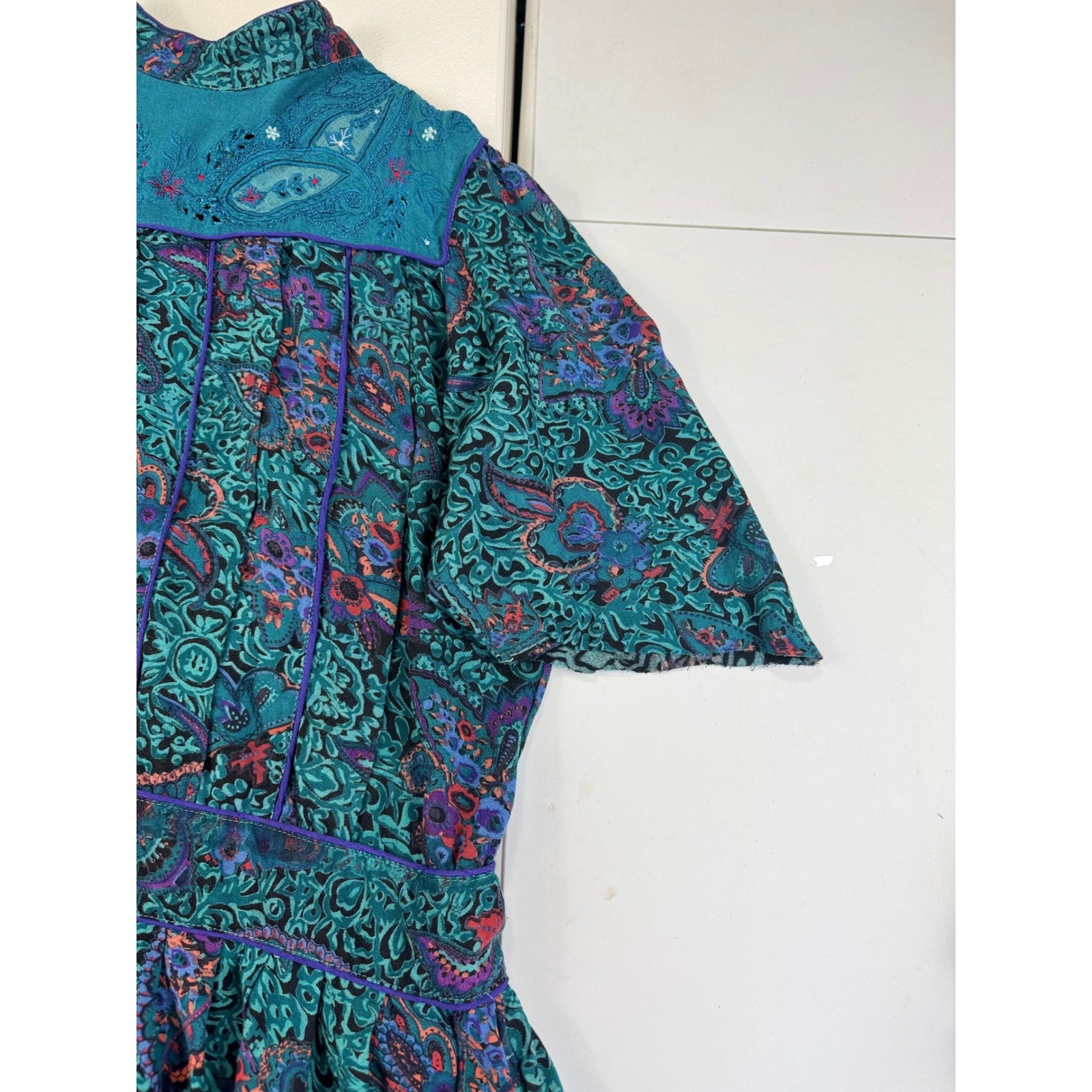 Vintage Phool Paisley Midi Dress Teal Purple Mock Neck Short Sleeve India M