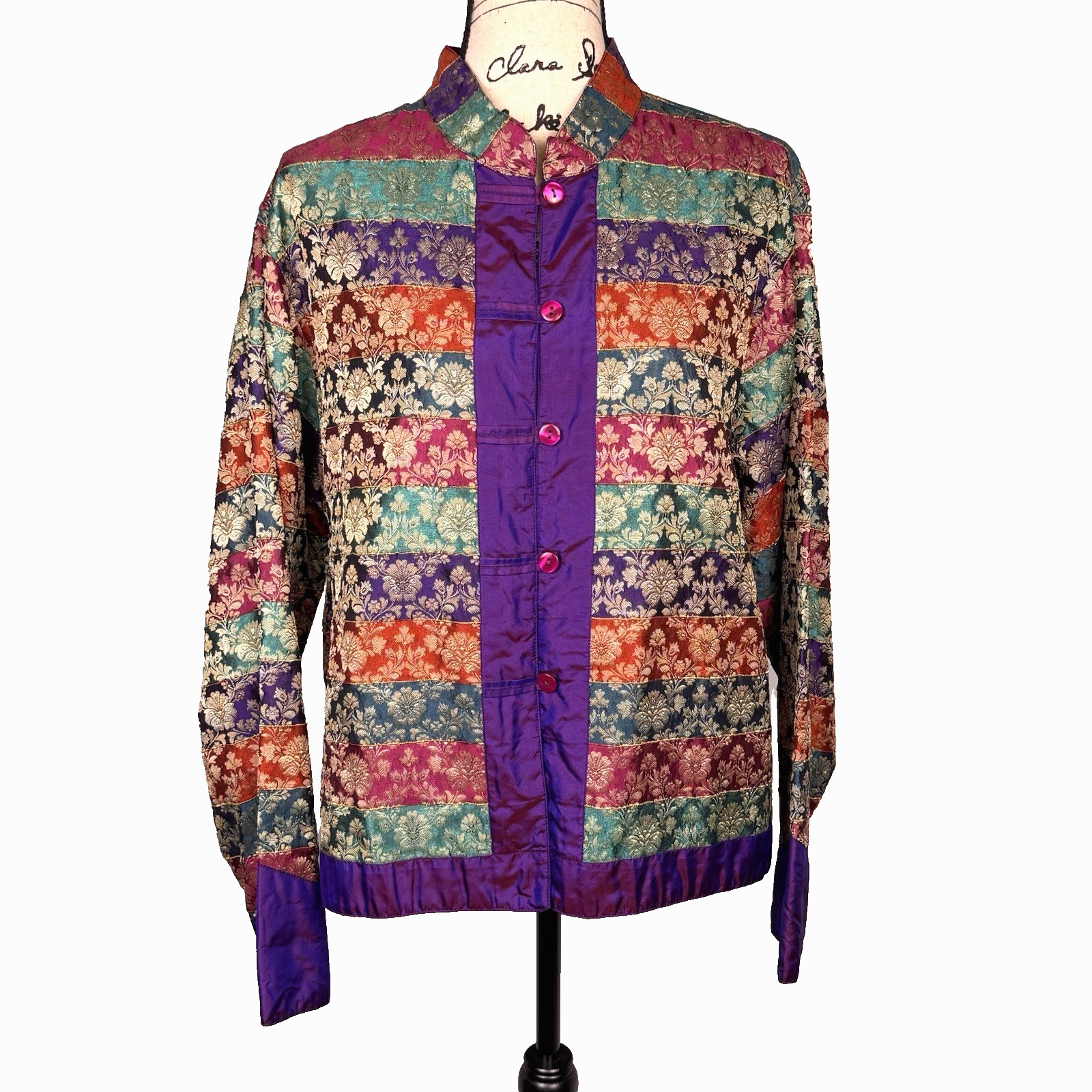Vtg Silk Brocade Jacket Asian Inspired Frog Buttons Mandarin Collar Sz XL Purple