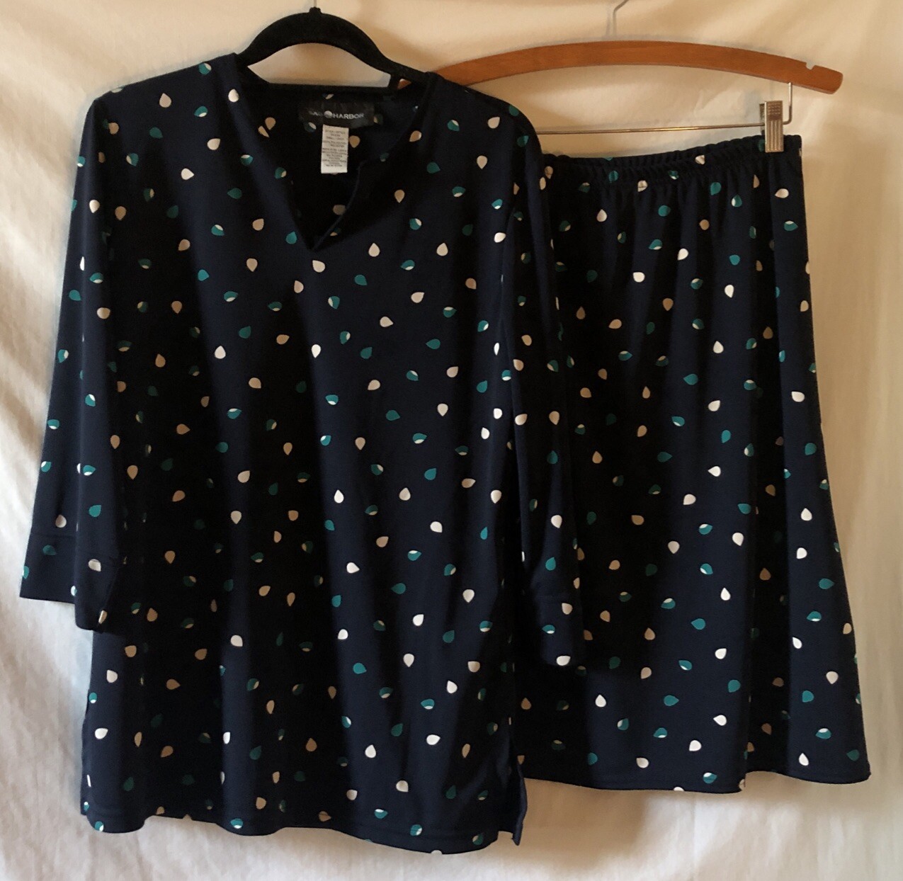 Vtg Sag Harbor Long Sleeve Pull On Midi Skirt Set Navy Blue Teal White Geometric