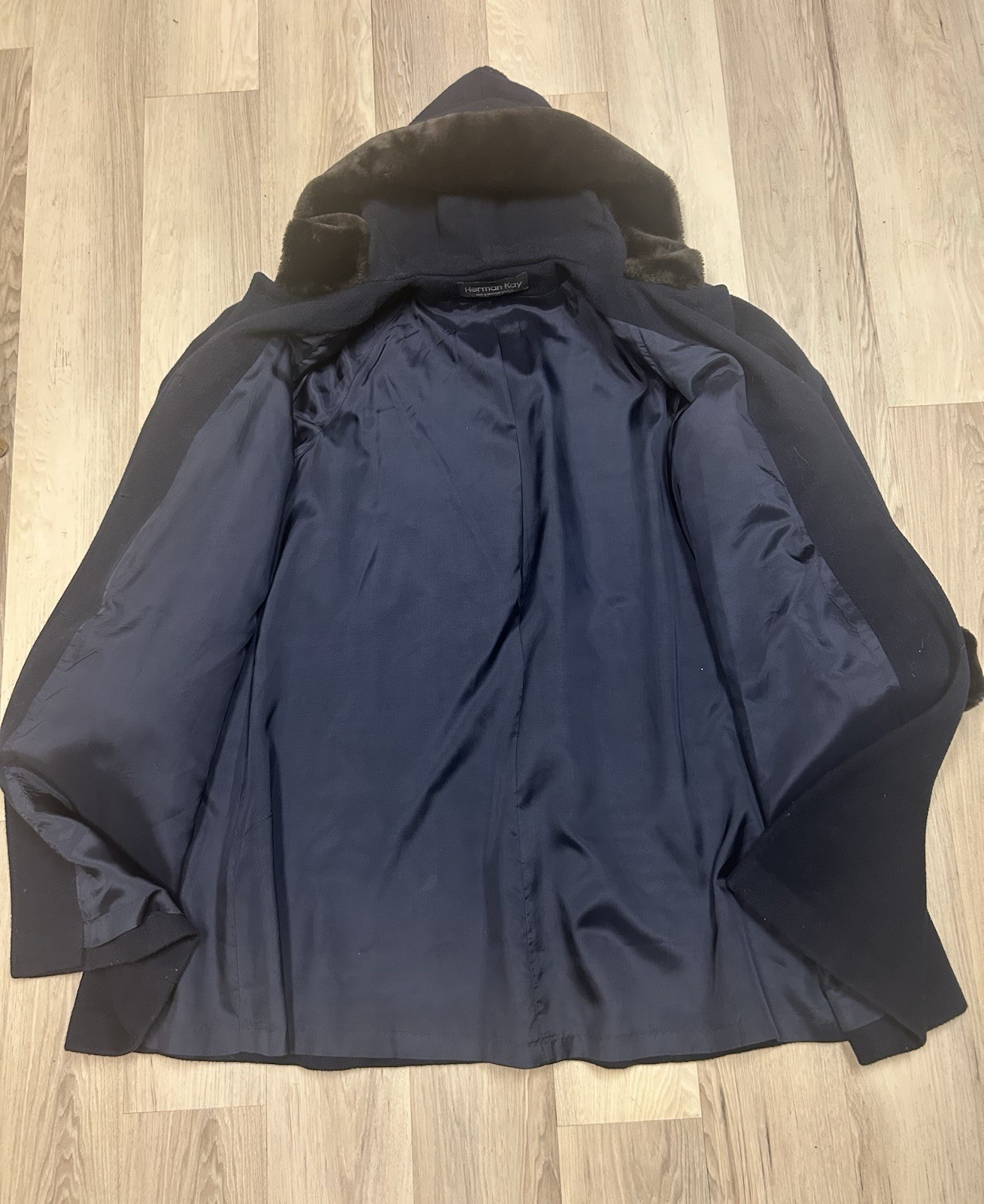 Vintage Coat Women 100% Wool Fur Trim Navy Blue Penny Lane Hood Sz 10 Herman Kay