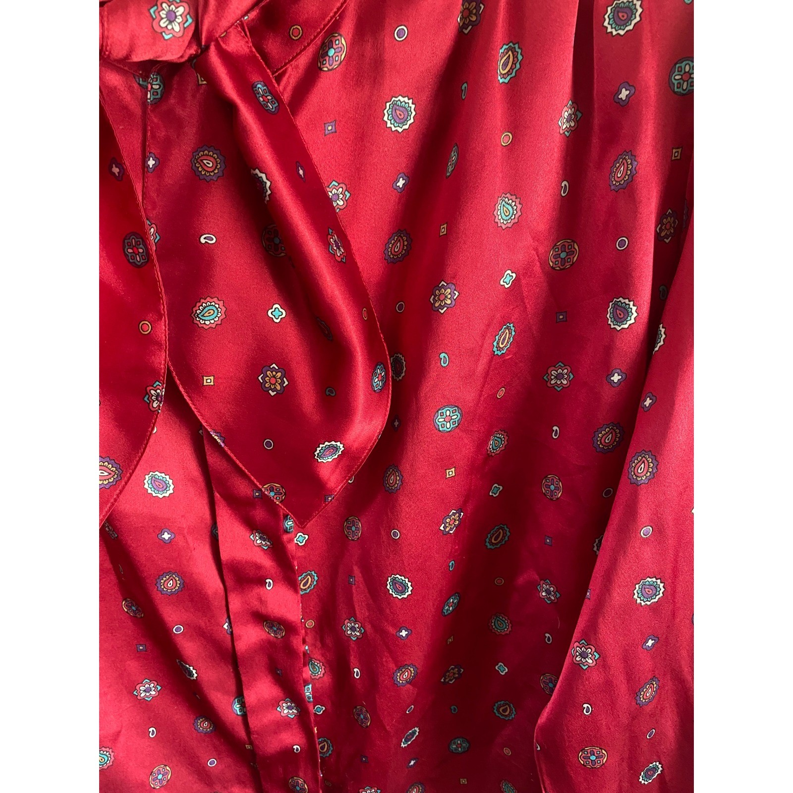 Vintage Koret Career Red Satin Tie Neck Blouse 80s Foulard Print Size 8 29347