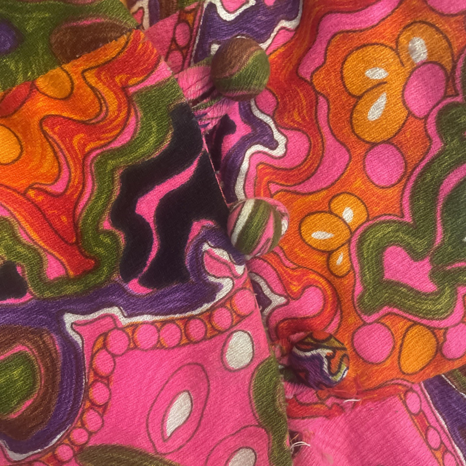 Vtg Sleeveless Maxi Dress Hot Pink Multicolor Psychedelic Print Barkcloth Lg