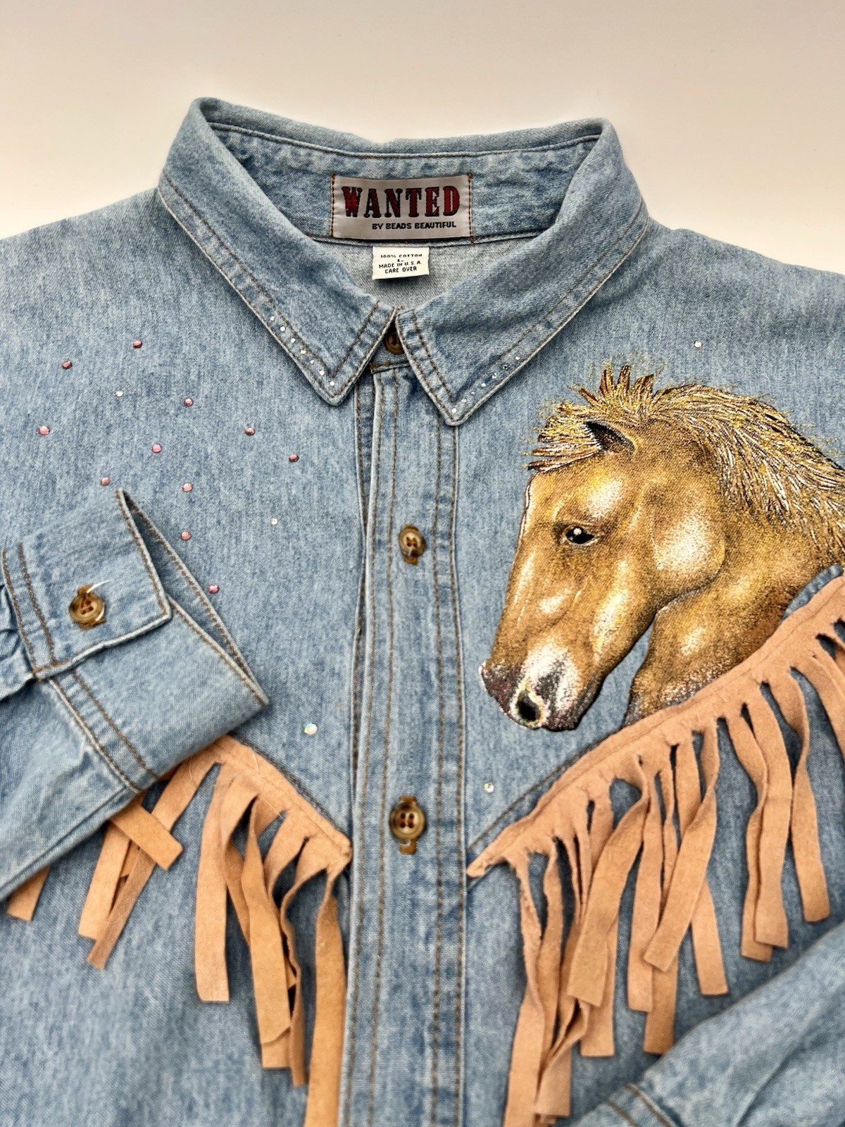 Vintage 90s Wanted Beads Beautiful Denim Horse Fringe Shirt Large Painted USA
