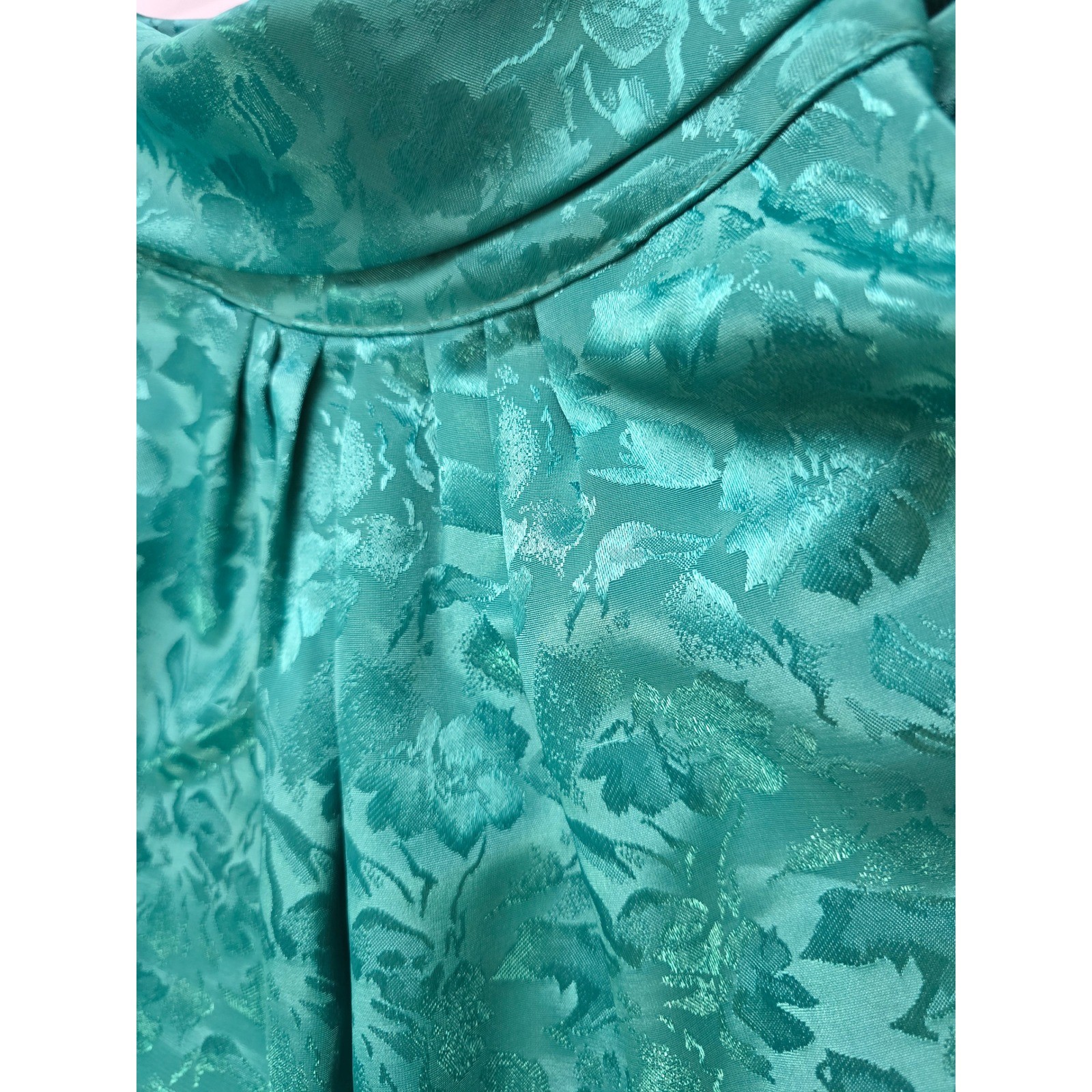 Cindy Collins Vintage Emerald Green Floral Jacquard Mock Neck Blouse Large USA