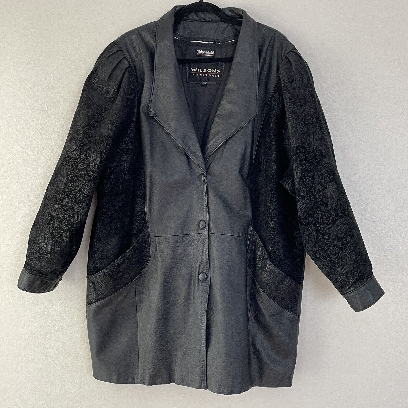 VTG Leather Coat Jacket Puff Paisley Embossed Sleeves Thinsulate Black Women’s L