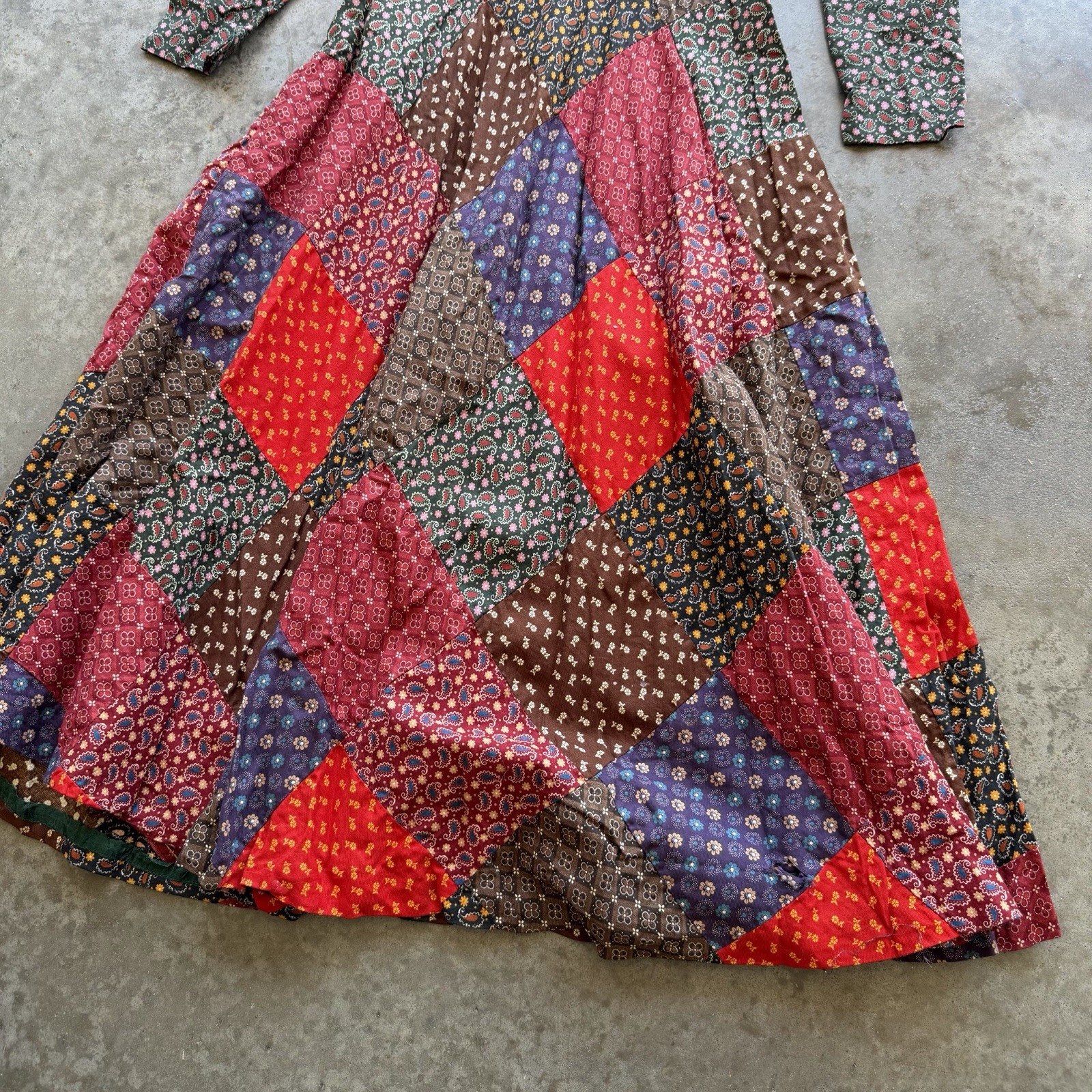 Vintage 70s Paisley Patchwork Dress Size 7 (XS) Long Sleeve Hippie Boho Festival