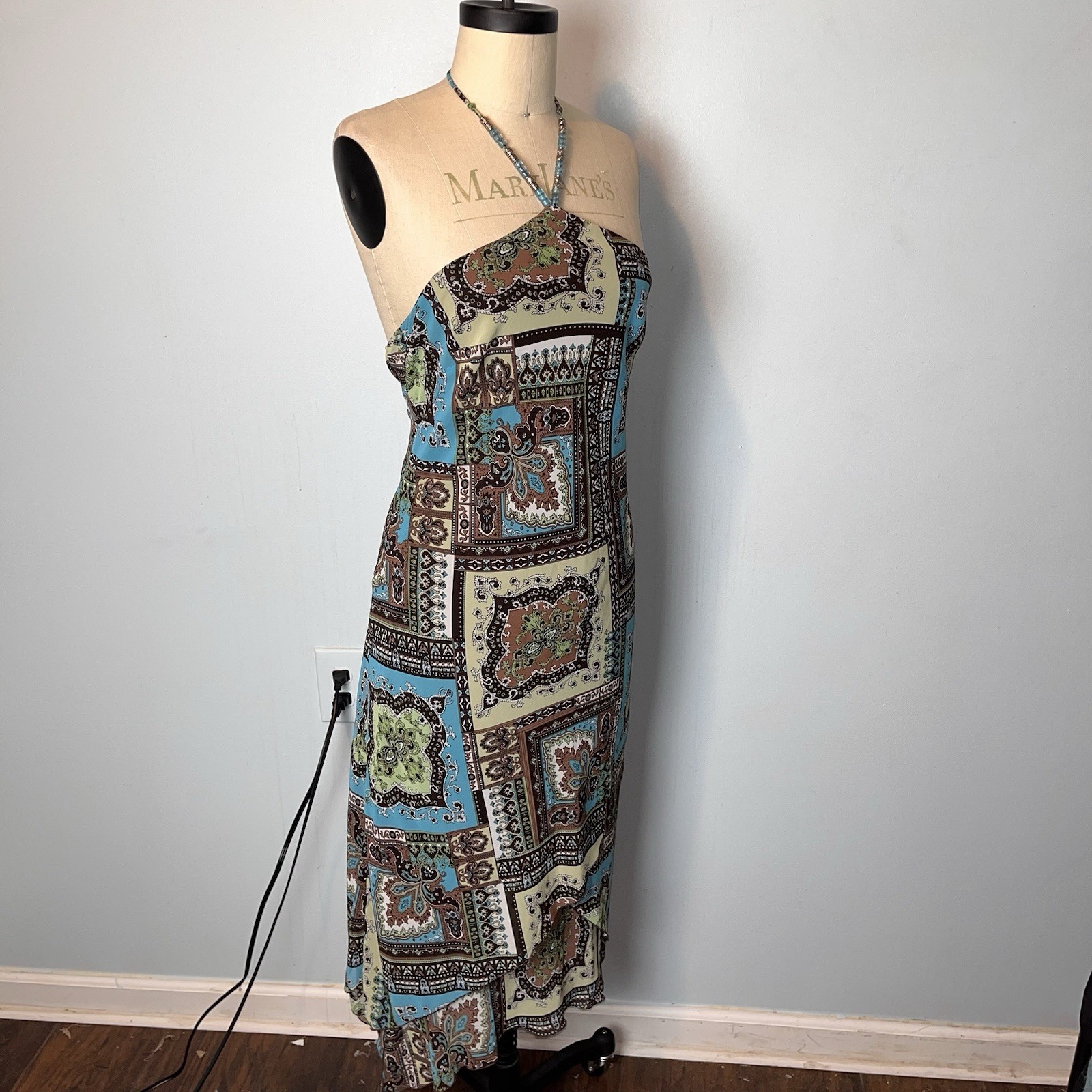 Vtg Y2K Paisley Patchwork Blue Brown Whimsy Fairy Halter Dress Asymmetric Hem 10