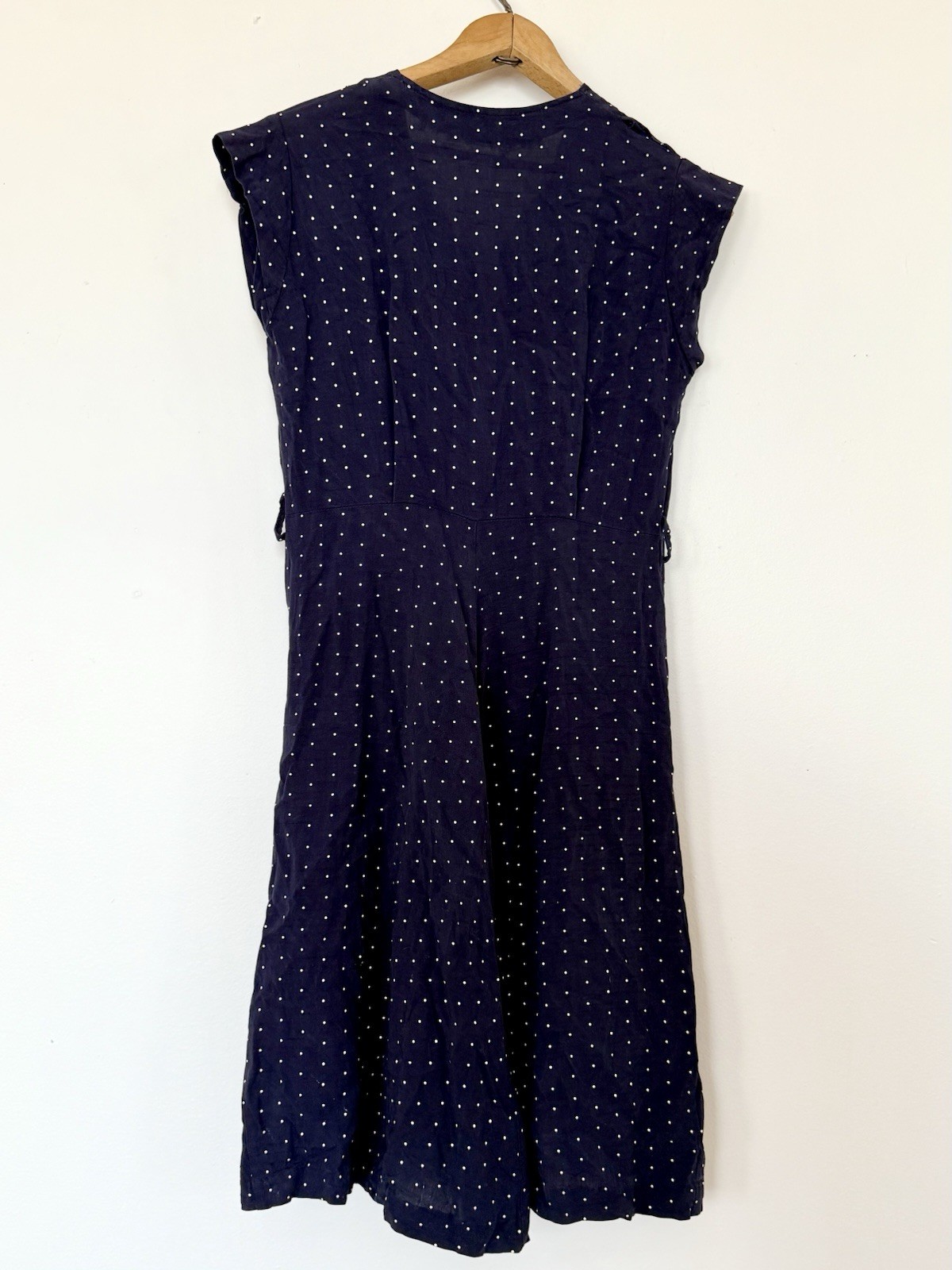 VINTAGE 40s FLOCKED POLKA DOT RAYON JERSEY BUTTON FRONT SLEEVELESS MIDI DRESS SM