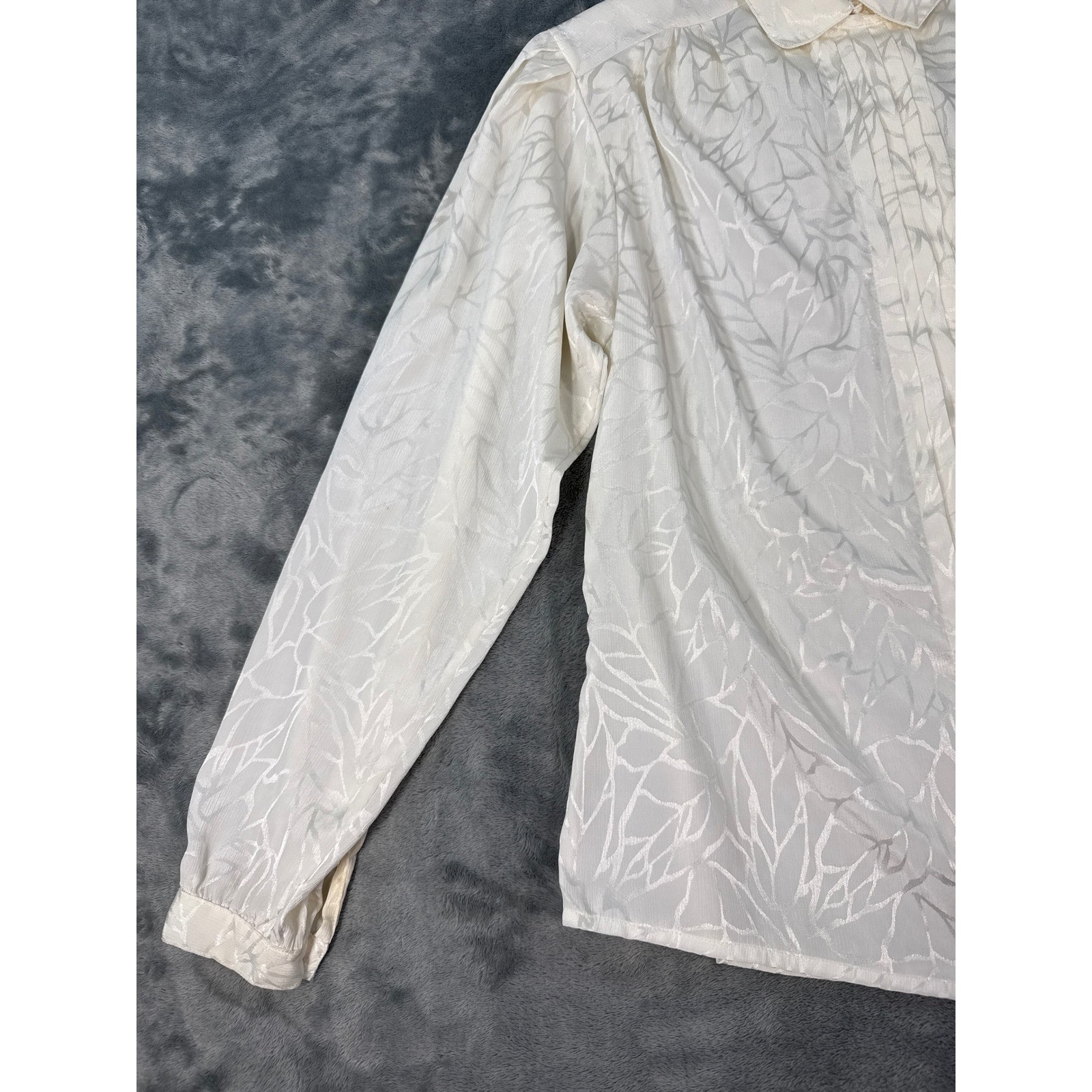 Vtg 80s Ascot Collection Lady Arrow White Leaf Jacquard Blouse Sz 10 Long Sleeve