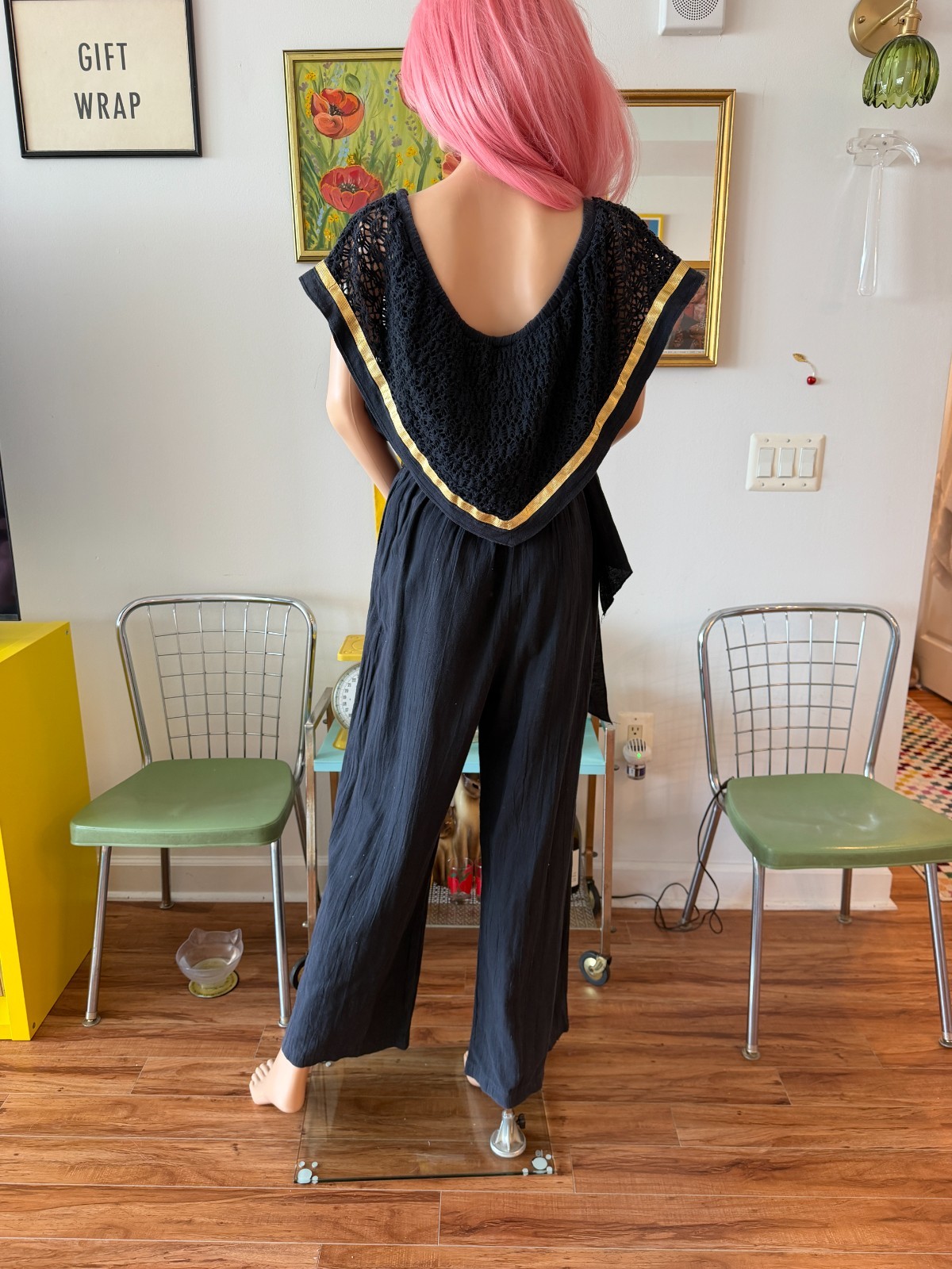🖤 Vtg 70s Leisure Living Black 100% Cotton Bib Boho Hippie Jumpsuit Romper S