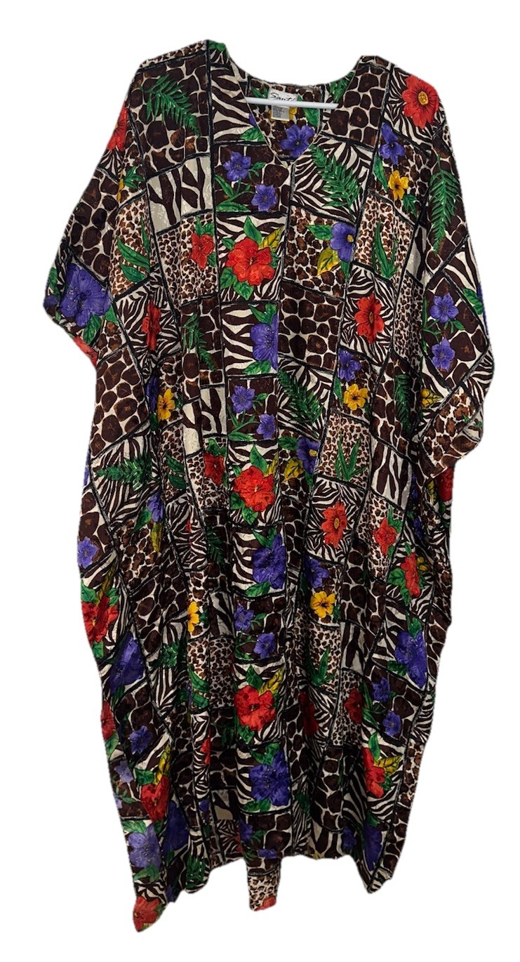 VTG Sante Womens Floral Safari Kaftan Free Size Multicolor 80s Mrs Roper Artsy