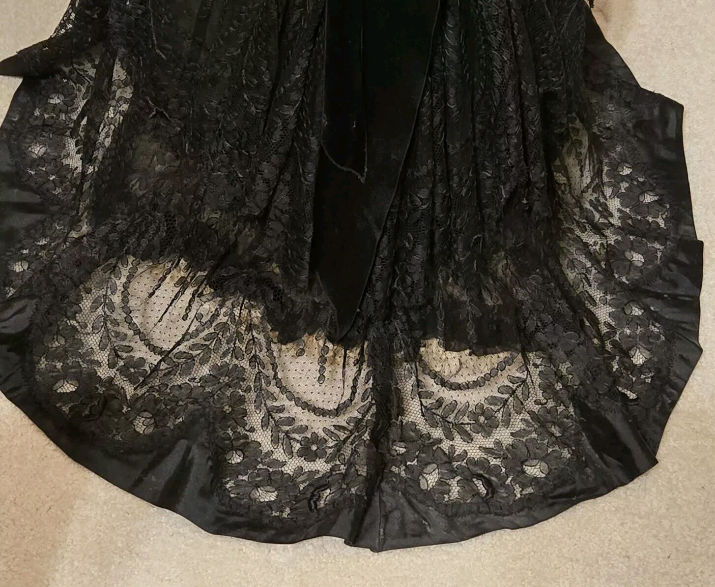 Edwardian Black Chantilly Lace Tassels & Velvet Trim Gown