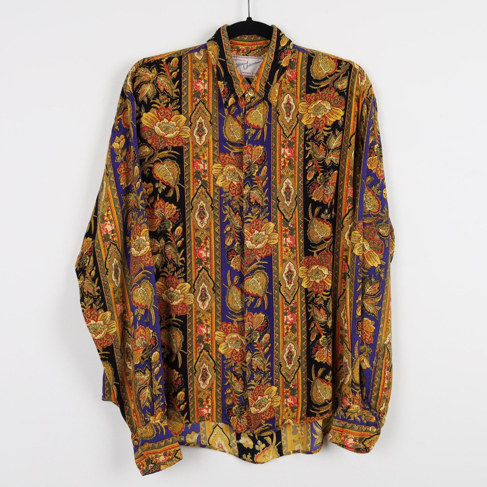 Vintage 90s Funky Brown Floral Tapestry Long Sleeve Top Retro Blouse Size Small