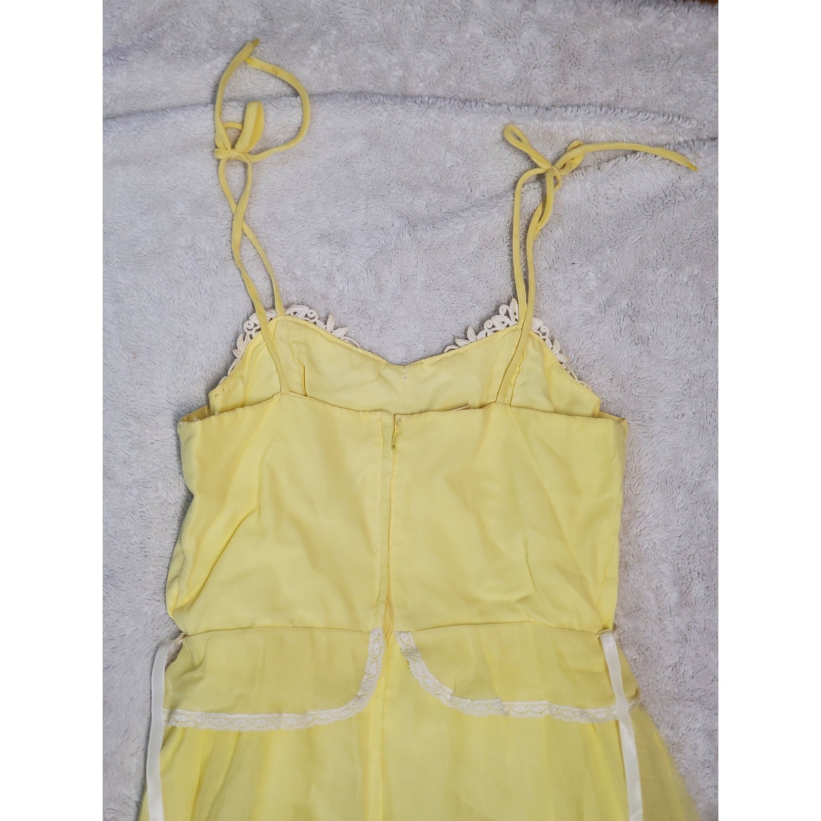 Vintage Soft Yellow White Lace Spaghetti Strap Tiered Babydoll Maxi Dress 11 XS