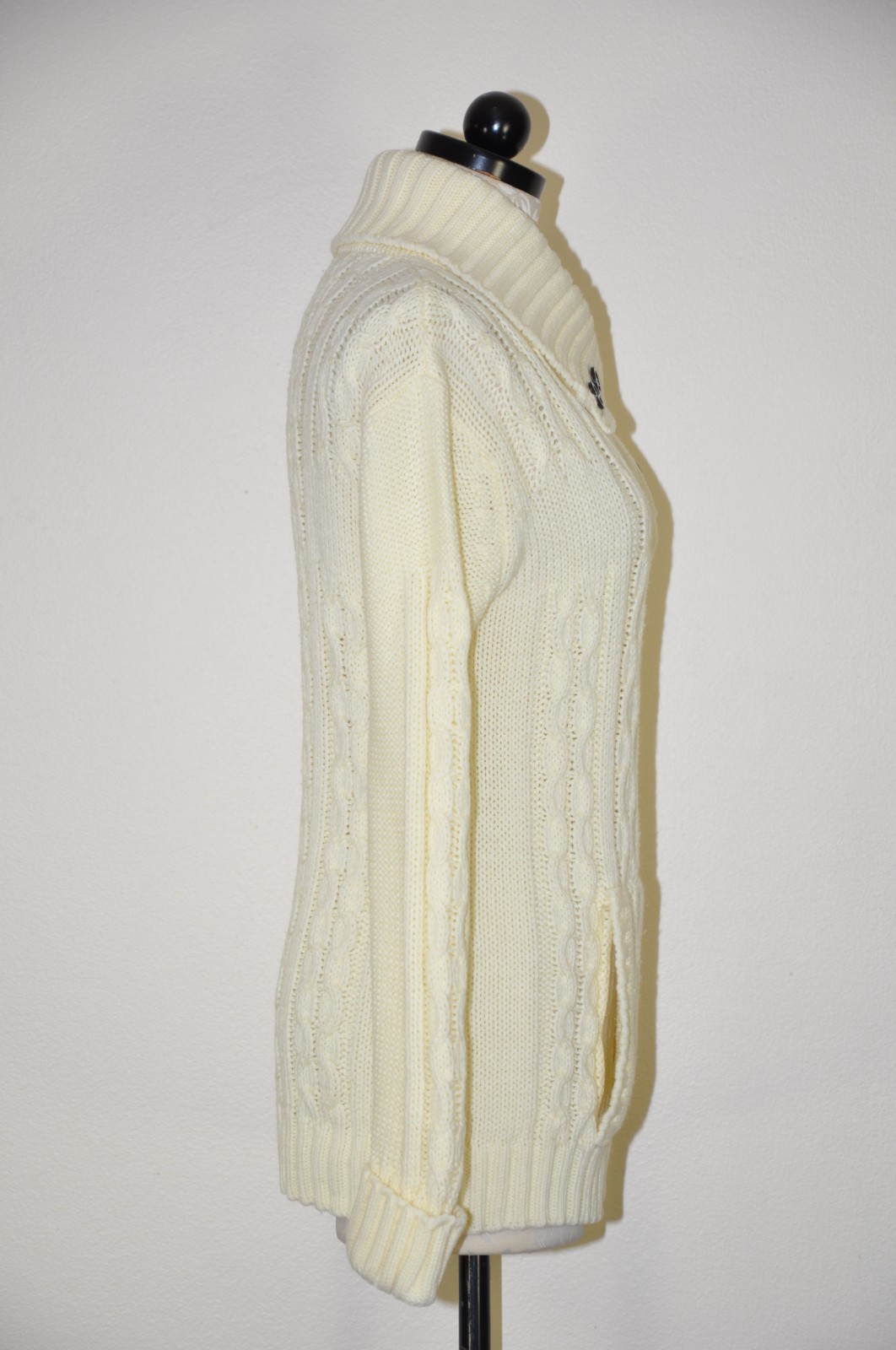 70s Vintage Cream Chunky Cable Knit Buttons Turtleneck Fisherman Sweater Women S