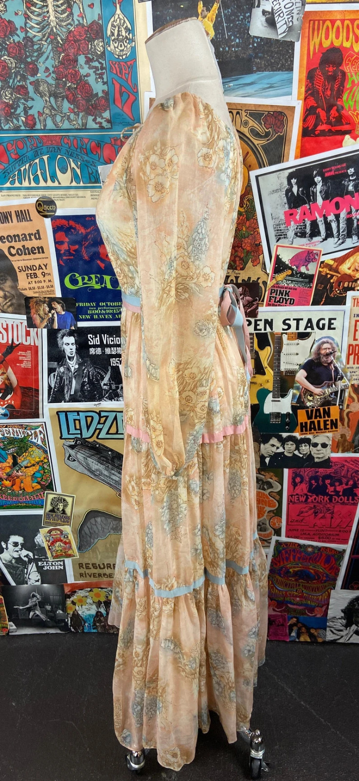 Vtg 70s Peach Pastel Ribbon Floral Spring Long Sheer Sleeve Maxi Dress Womens XS