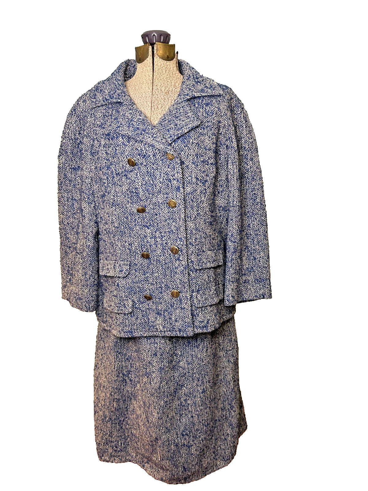 1950s Handmacher Bright Blue Herringbone Tweed Suit Pea Coat + Skirt L Academia