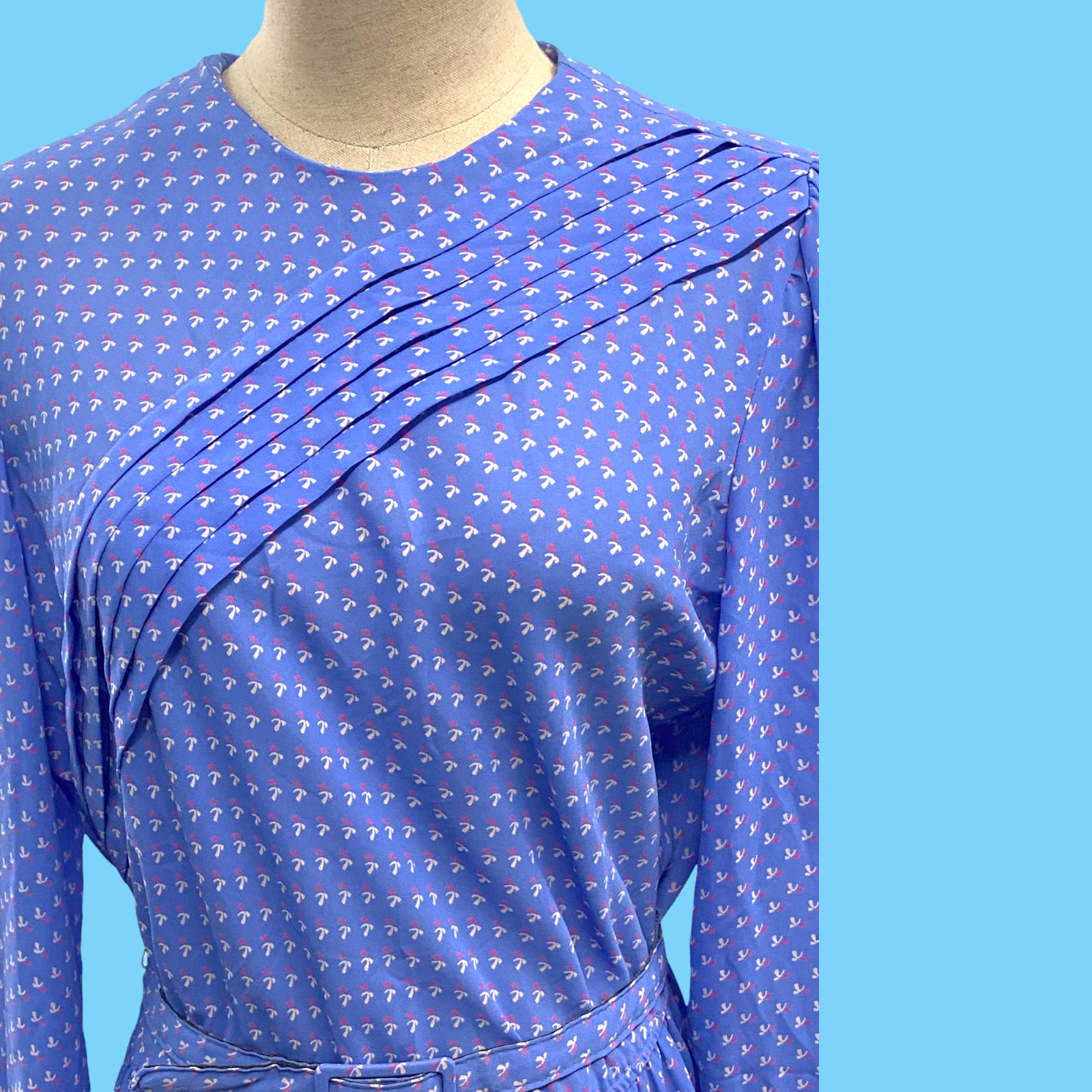 Vintage 70’s Lady Carol Of New York Blue Floral Pattern Secretarial Dress Large
