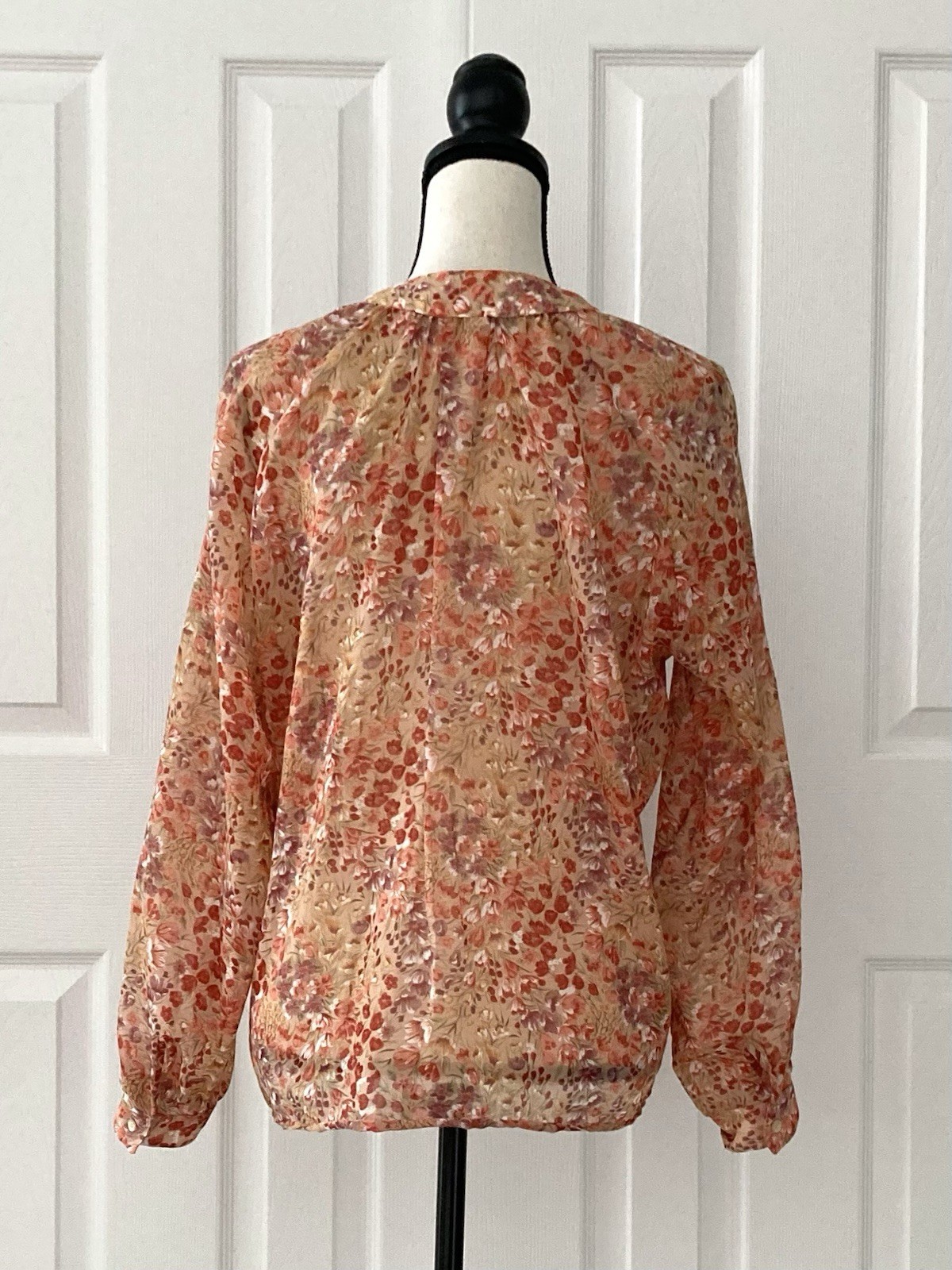Vtg 70s 80s Autumn Floral Secretary Blouse Top Semi Sheer Women’s Size 7/8