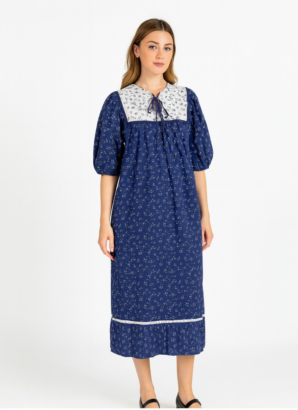 Vintage 70’s California Made Prairie Cottage Core Blue White Floral Dress Size 7
