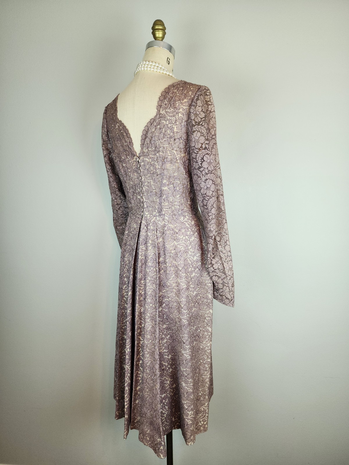 Vintage Late 1940’s Mauve Lace Over Champagne Satin Cocktail Dress with Godet