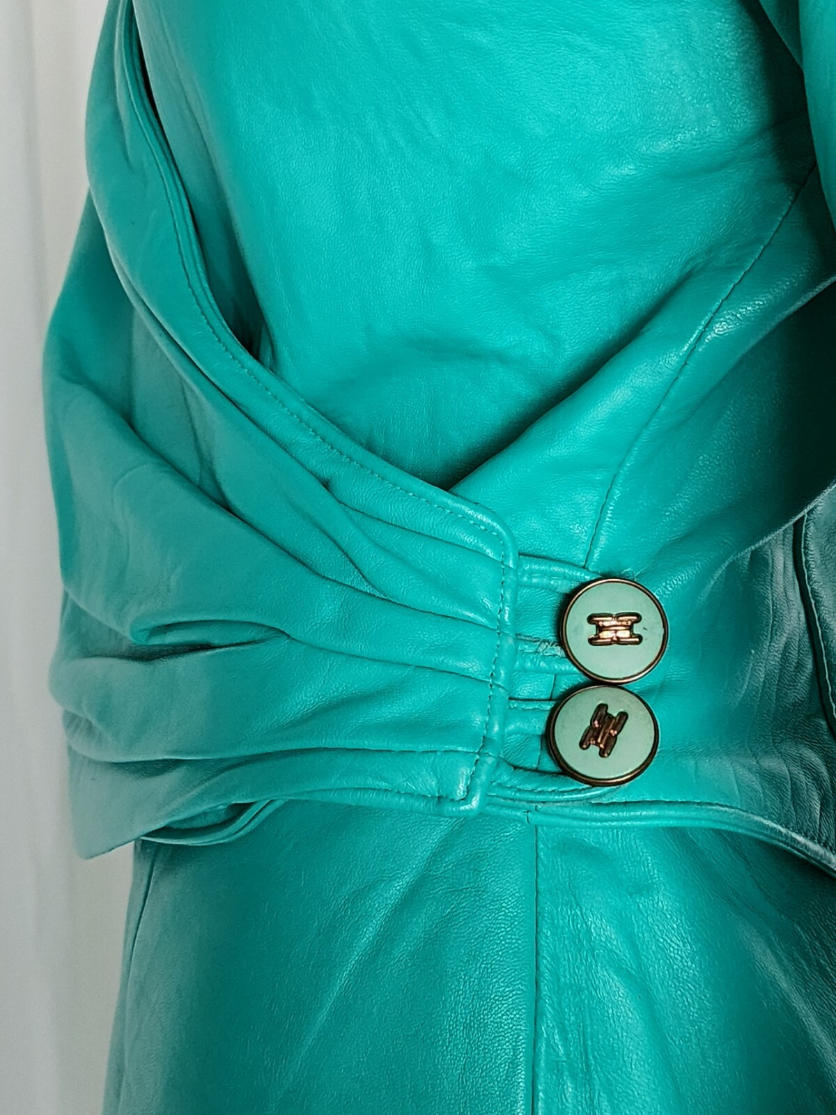 Vtg 80s Rumors n Gossip 2pc Leather Blazer & Skirt Suit Set aquamarine S/M