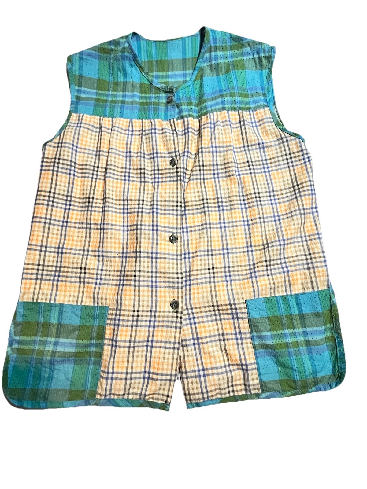 VTG handmade House Wife Blouse Womens L Plaid Sleeveless Button Rockabilly 60s