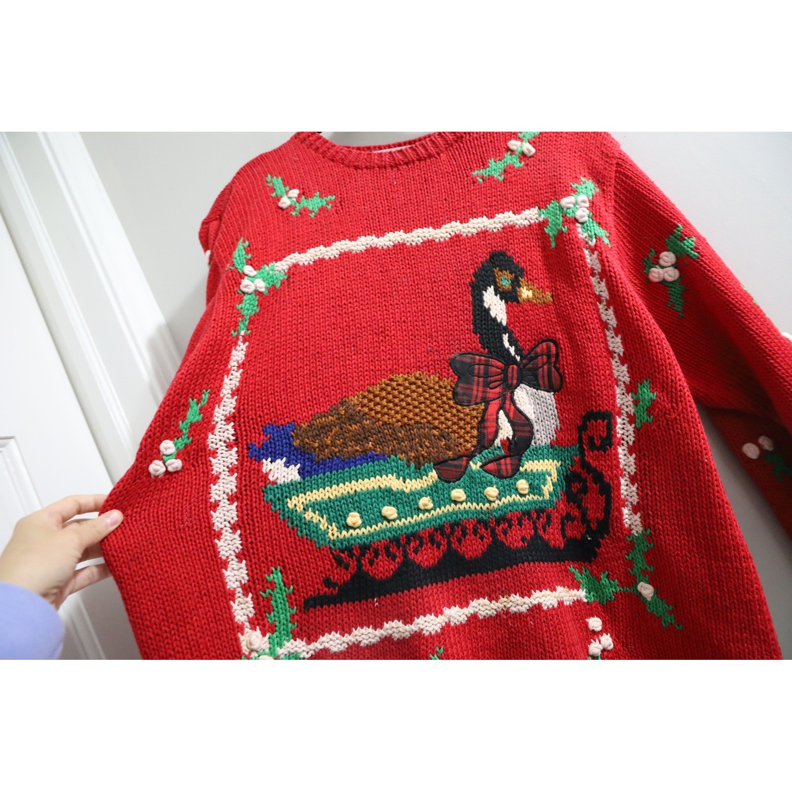 Vintage The Eagles Eye 1991 Red Hand Knit Goose Sleigh Christmas Sweater Large