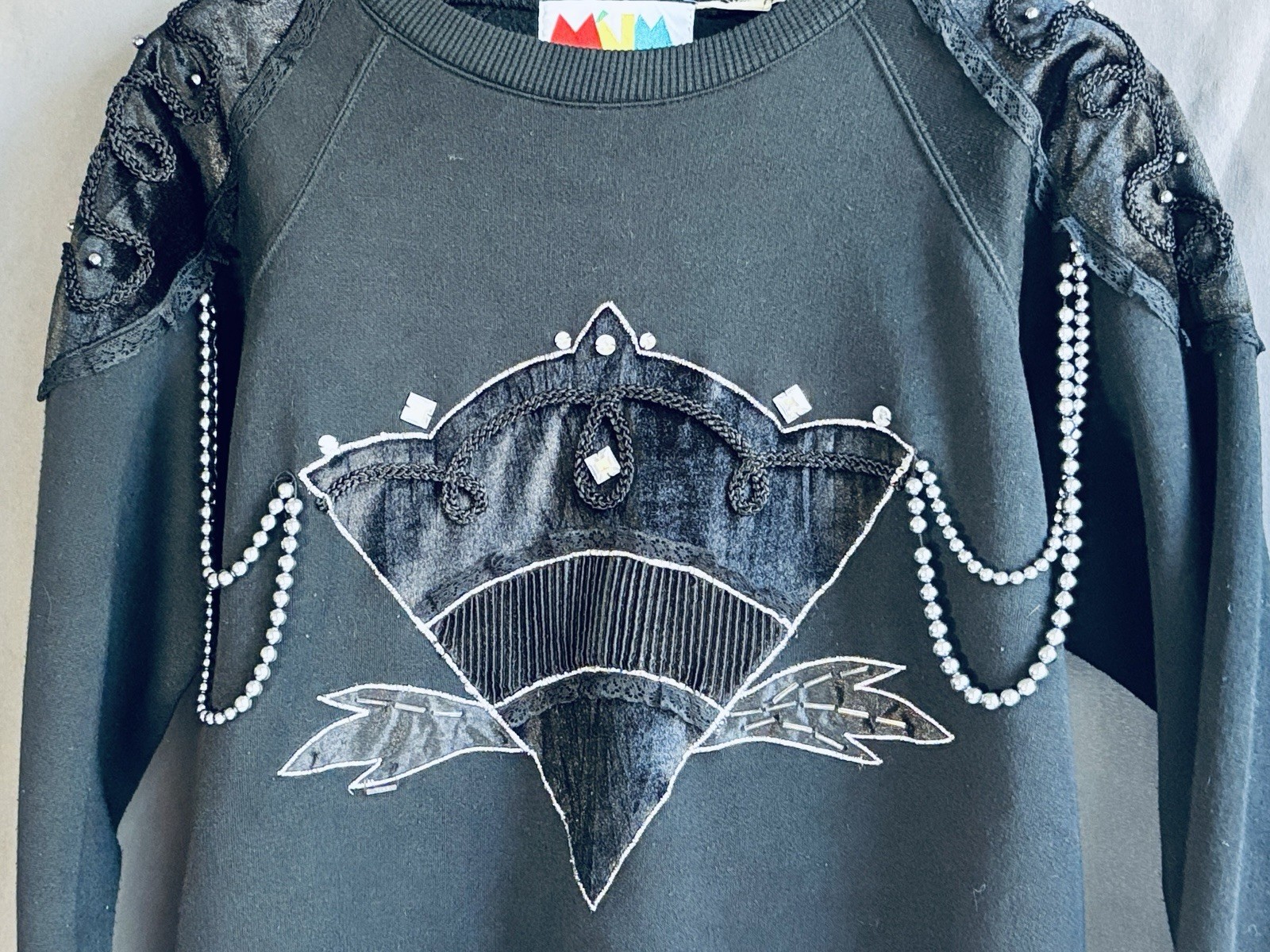 VTG 90s MARCY’ N ME Appliqué Unique Sweatshirt Pullover Artsy BLACK Sz LARGE