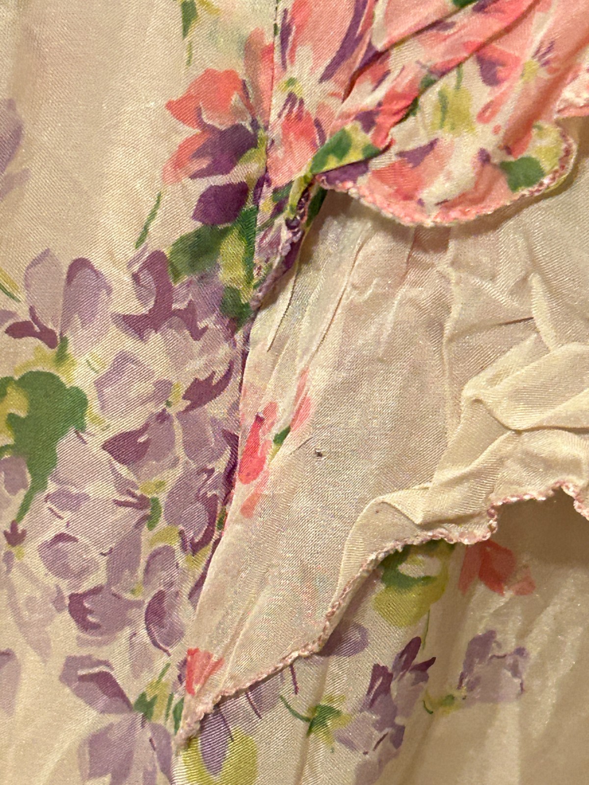 Antique 1920s 1930s Floral Print Rayon Sheer Dress Cape Top Ruffle Drop Waist