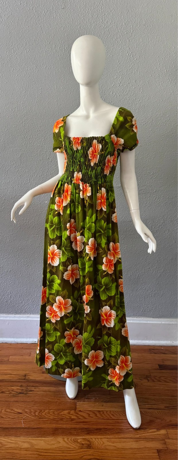 Vintage 60s Psychedelic Green Tropical HAWAIIAN Barkcloth Maxi Hippie Dress M