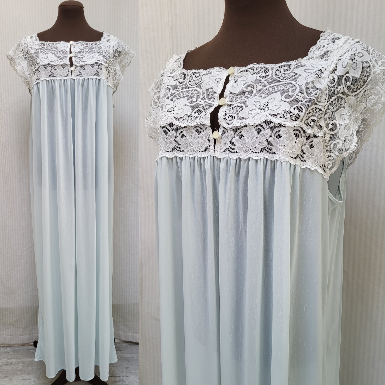 Vintage BROWNSTONE STUDIO Blue Silky Nylon Full Length Lace Nightgown – Size M/L