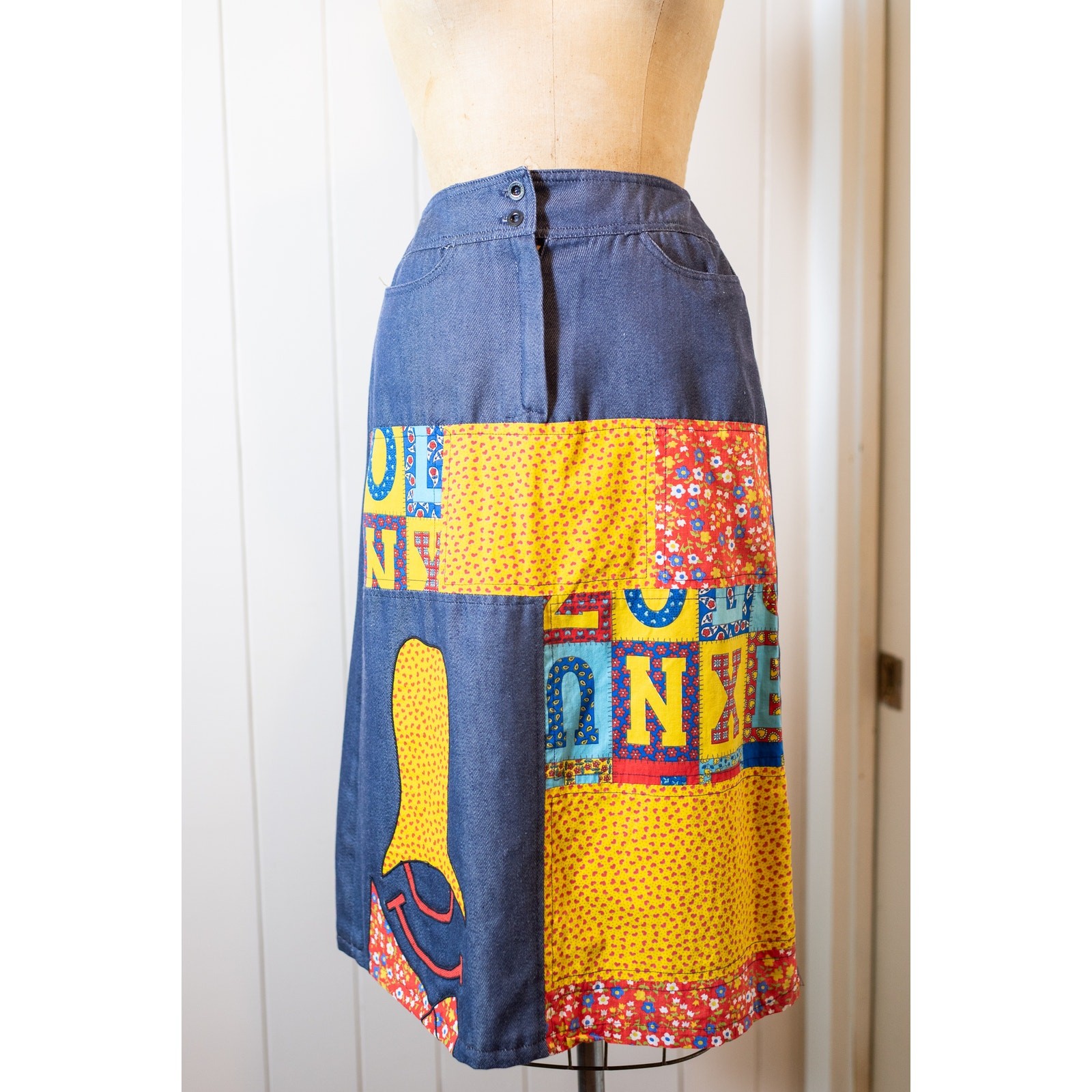 Vintage 70s Patchwork Alphabet Skirt, Colorful Chambray A-Line, Boho Artsy Small