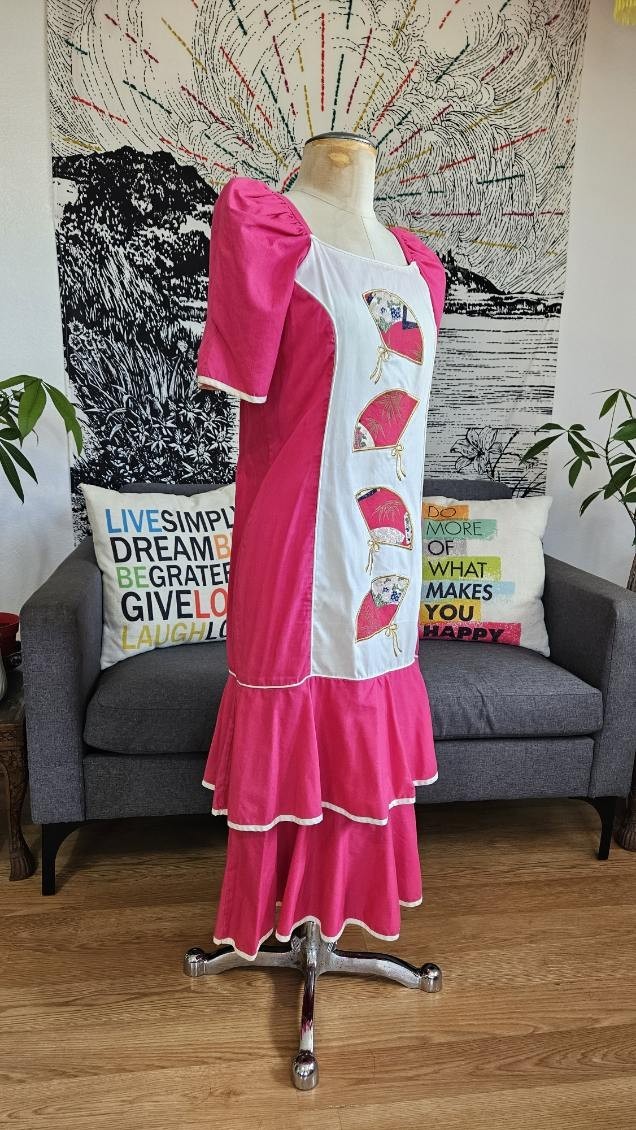 VTG 80s SIDAN HAWAII Tiered Midi MuuMuu Dress Med Beach Resort asian embroidered