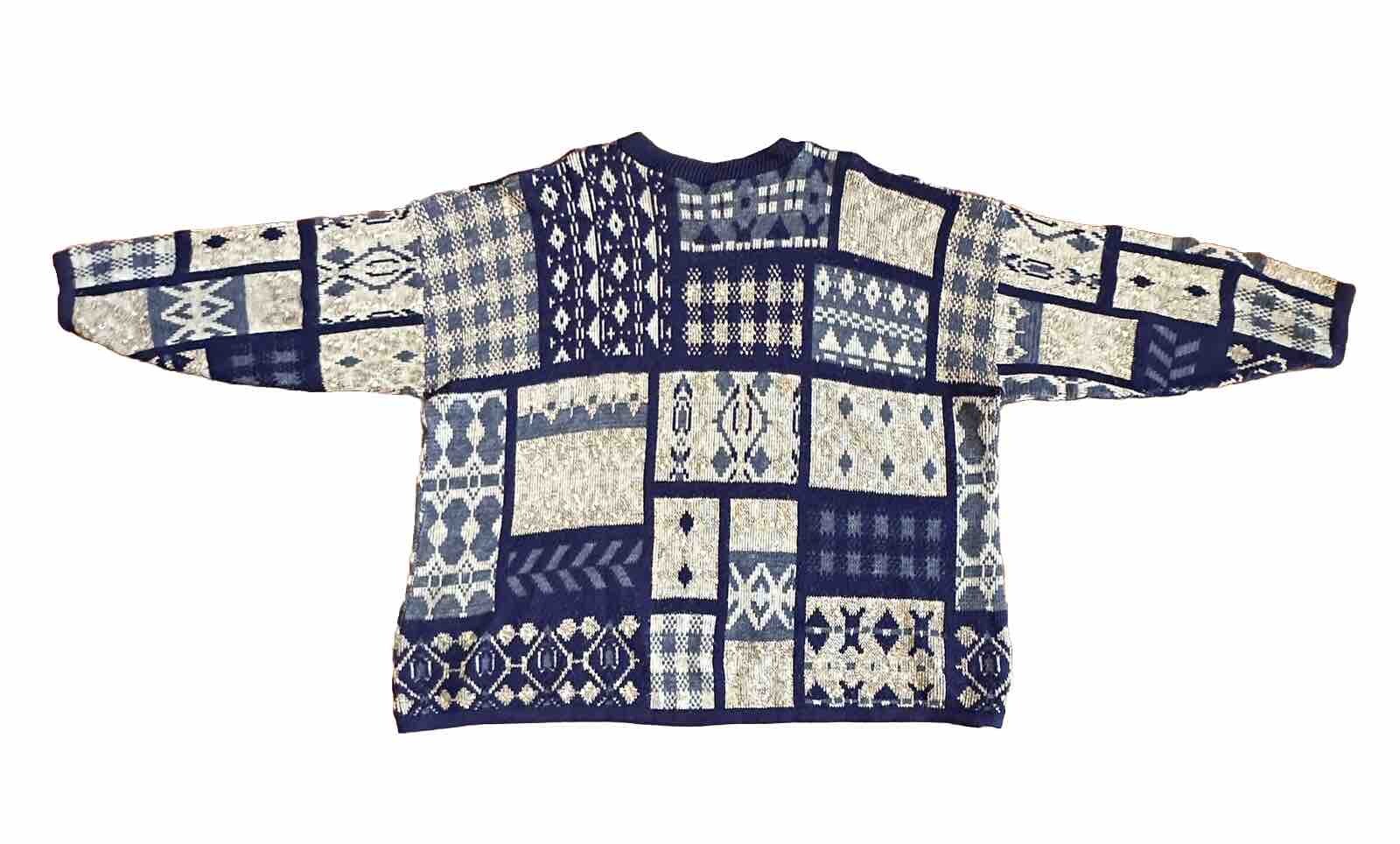 Vtg Y2K Arielle Women Sweater XXL Granny Knit Quilt Square Crewneck Blue READ