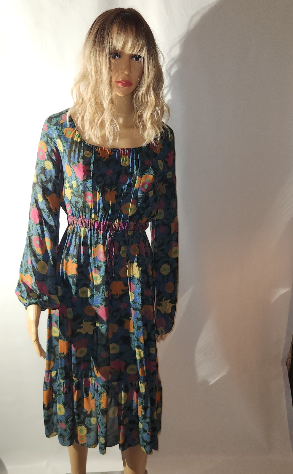 VINTAGE 1970S HIPPIE PEASANT DRESS WITH MATCHING REVERSIBLE DRESS ELASTIC WAIST